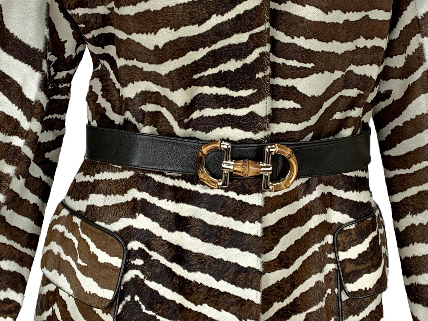 New Gucci S/S 2006 Collection Leather Fur Bamboo Detail Belt Coat It. 46 - US 10 In New Condition For Sale In Montgomery, TX