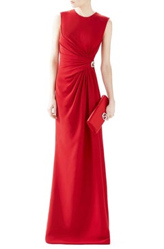 New Gucci Silk Cady Ruched Front Crystal Brooch Hibiscus Red Dress Gown 40