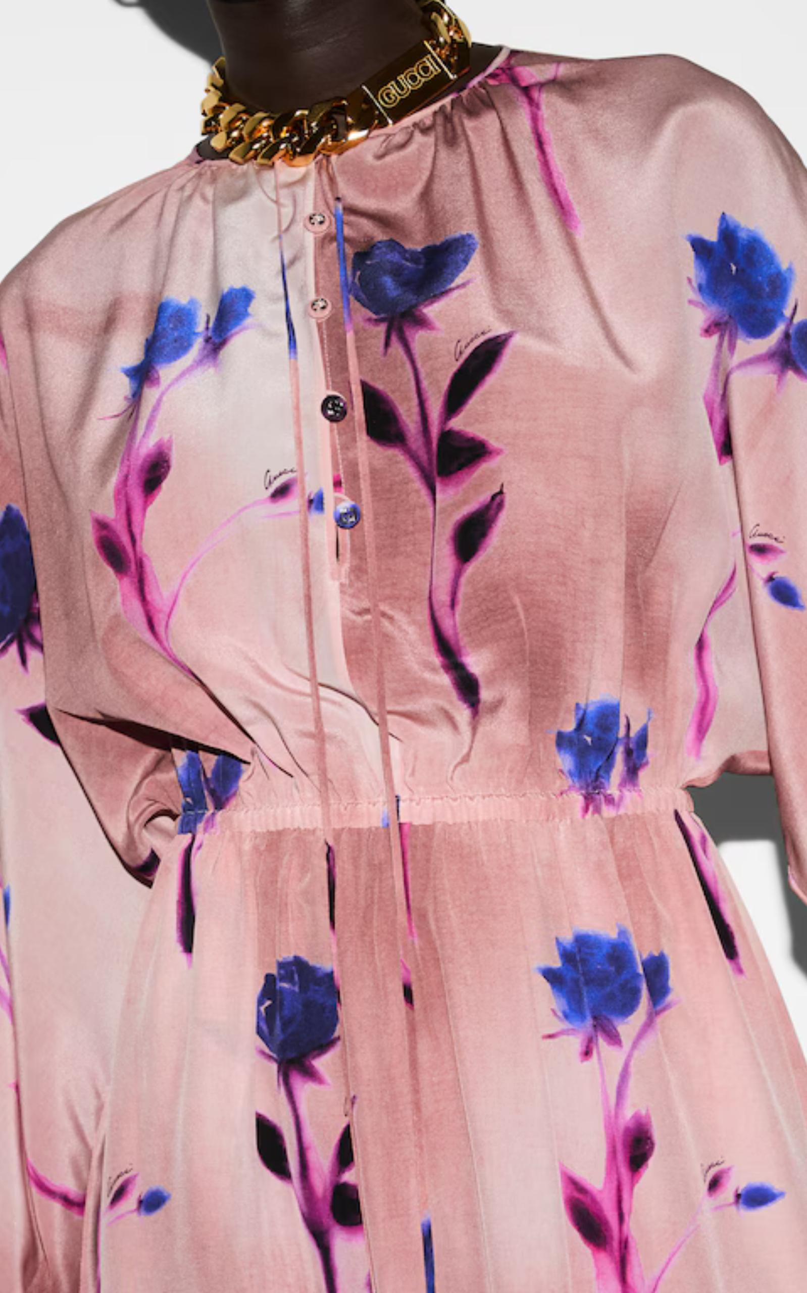 Nuevo Vestido Gucci Crepe de Seda de Chine Estampado Floral IT42 en venta 1