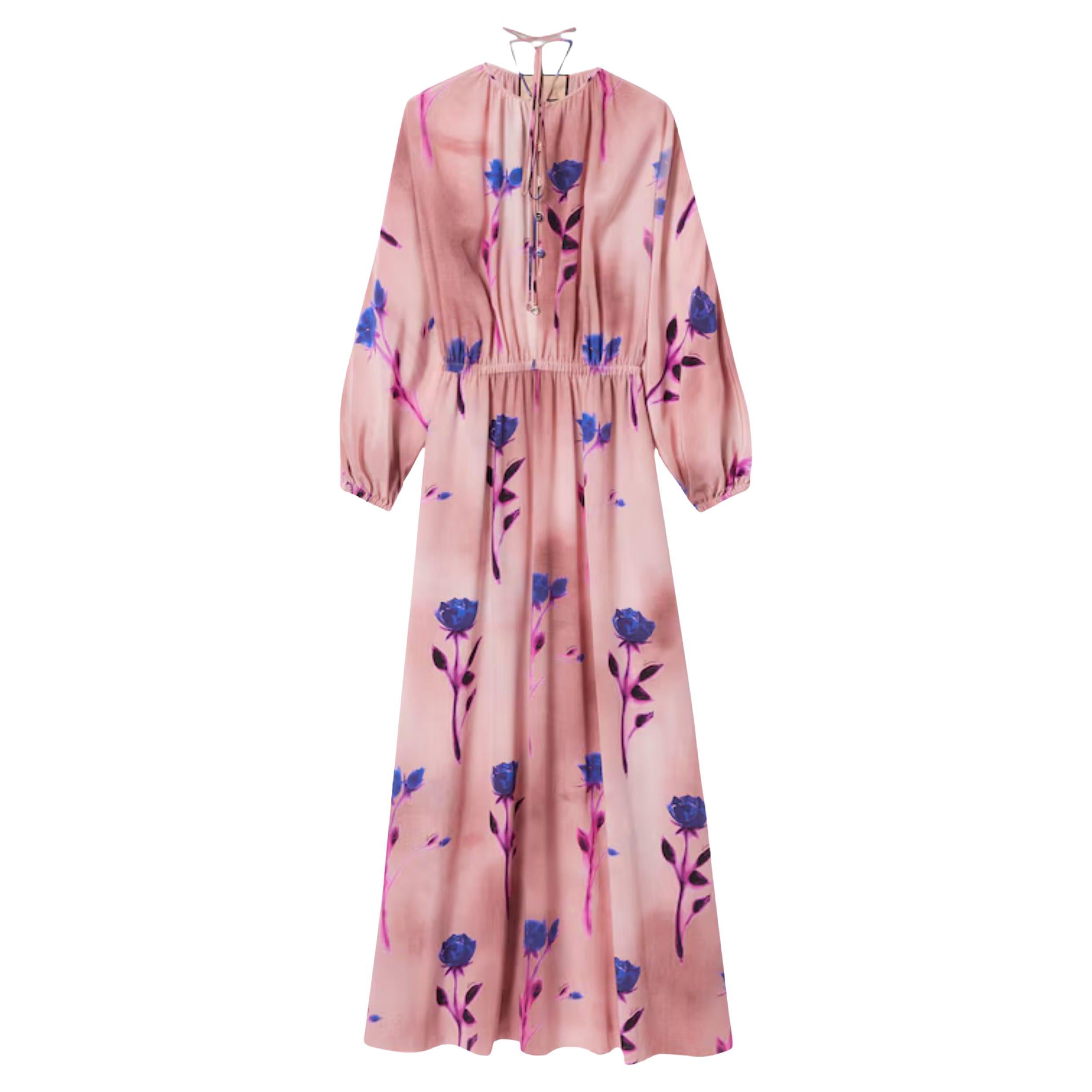 Nuevo Vestido Gucci Crepe de Seda de Chine Estampado Floral IT42 en venta