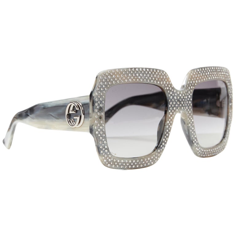 new GUCCI silver crystal strass embellished oversized gradient square  sunglasses at 1stDibs