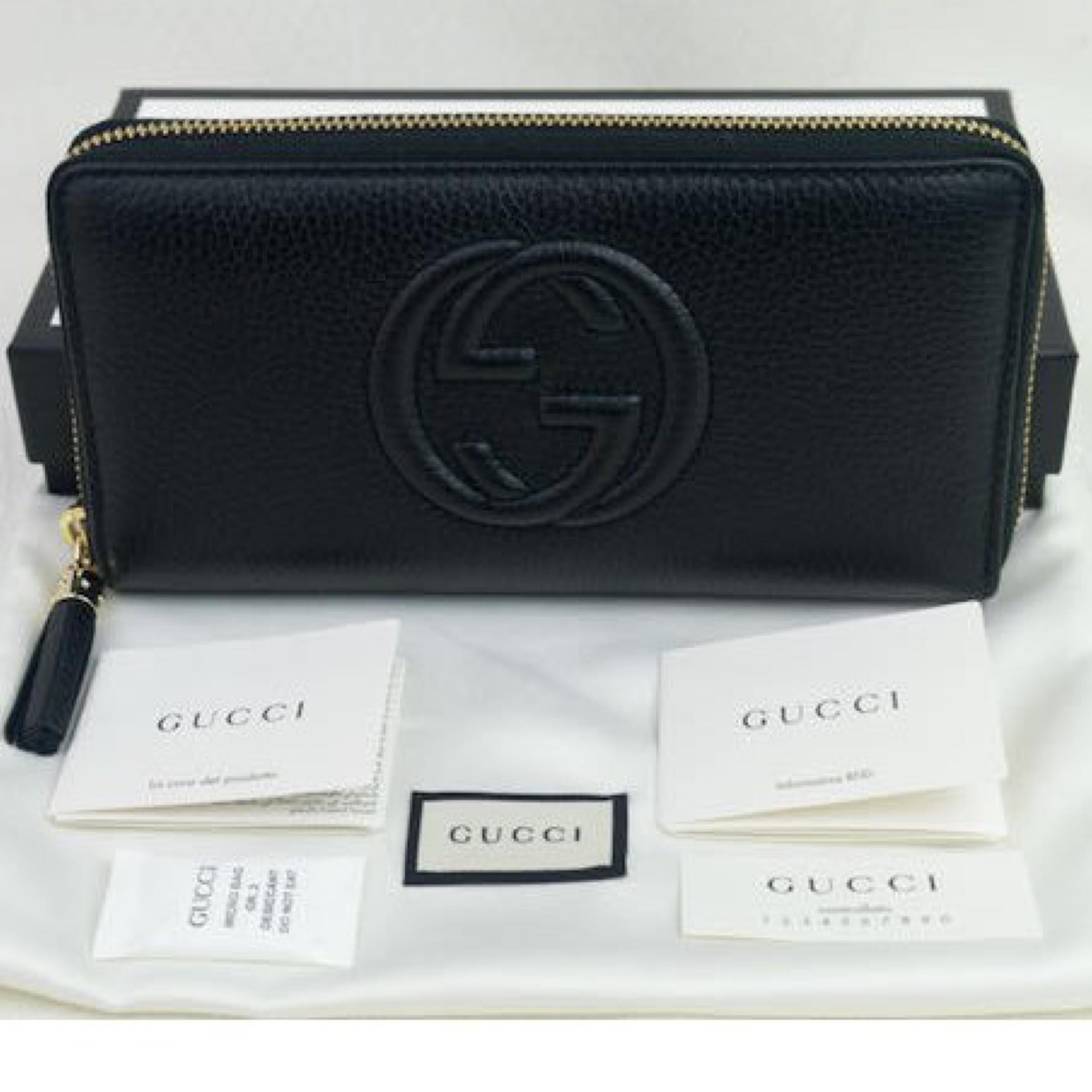 NEW Gucci Soho Black Leather Zip Around Leather Long Wallet Clutch Bag For Sale 7