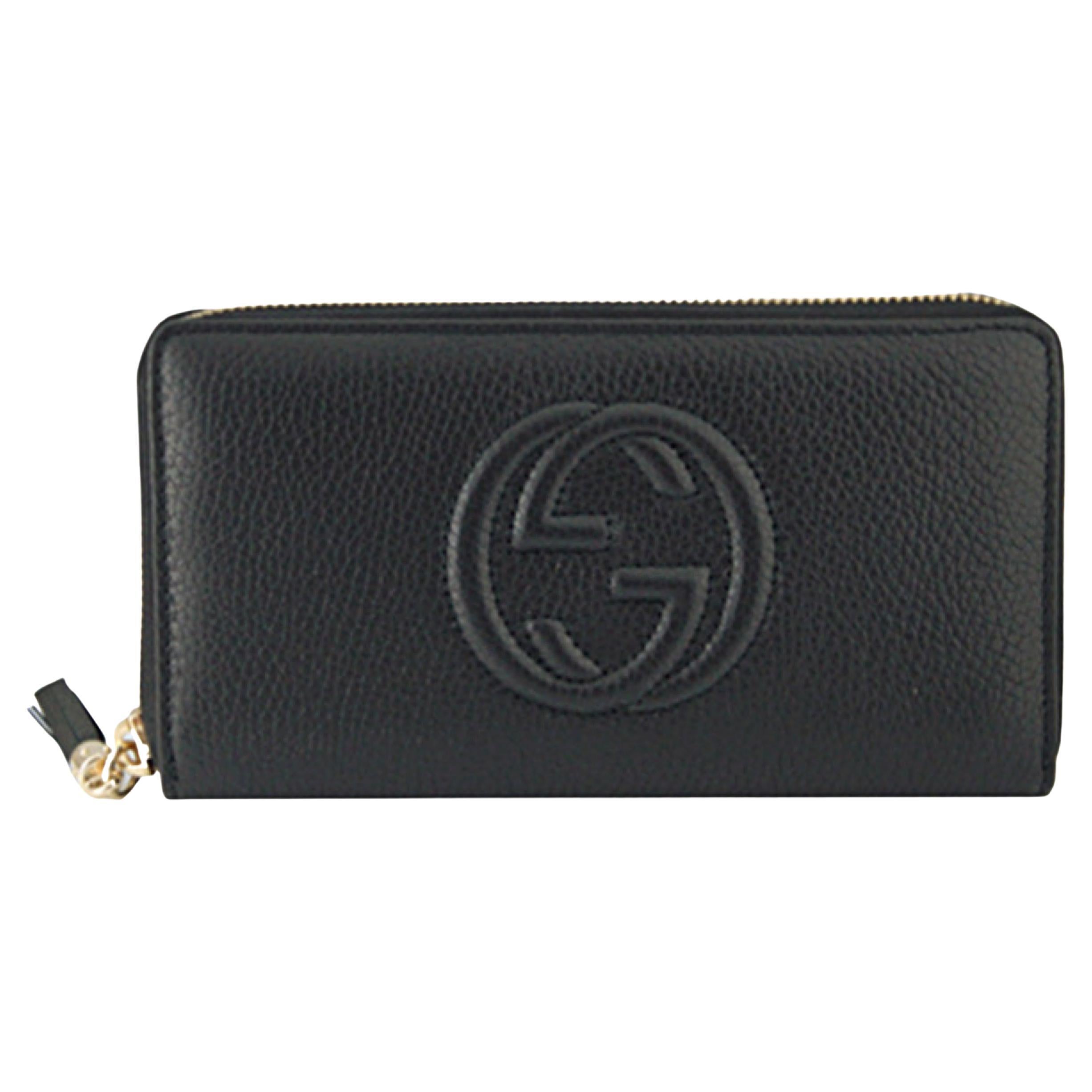 NEW Gucci Soho Black Leather Zip Around Leather Long Wallet Clutch Bag For Sale