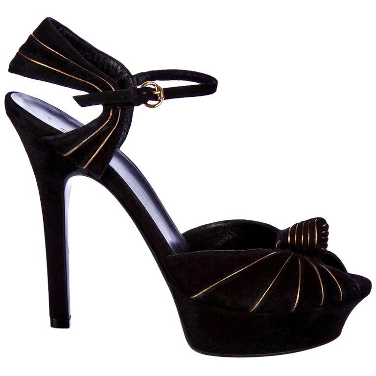 New Gucci Suede Black and Gold Ad Runway Platform Heel, Fall Winter 2007 Sz 7.5 For Sale