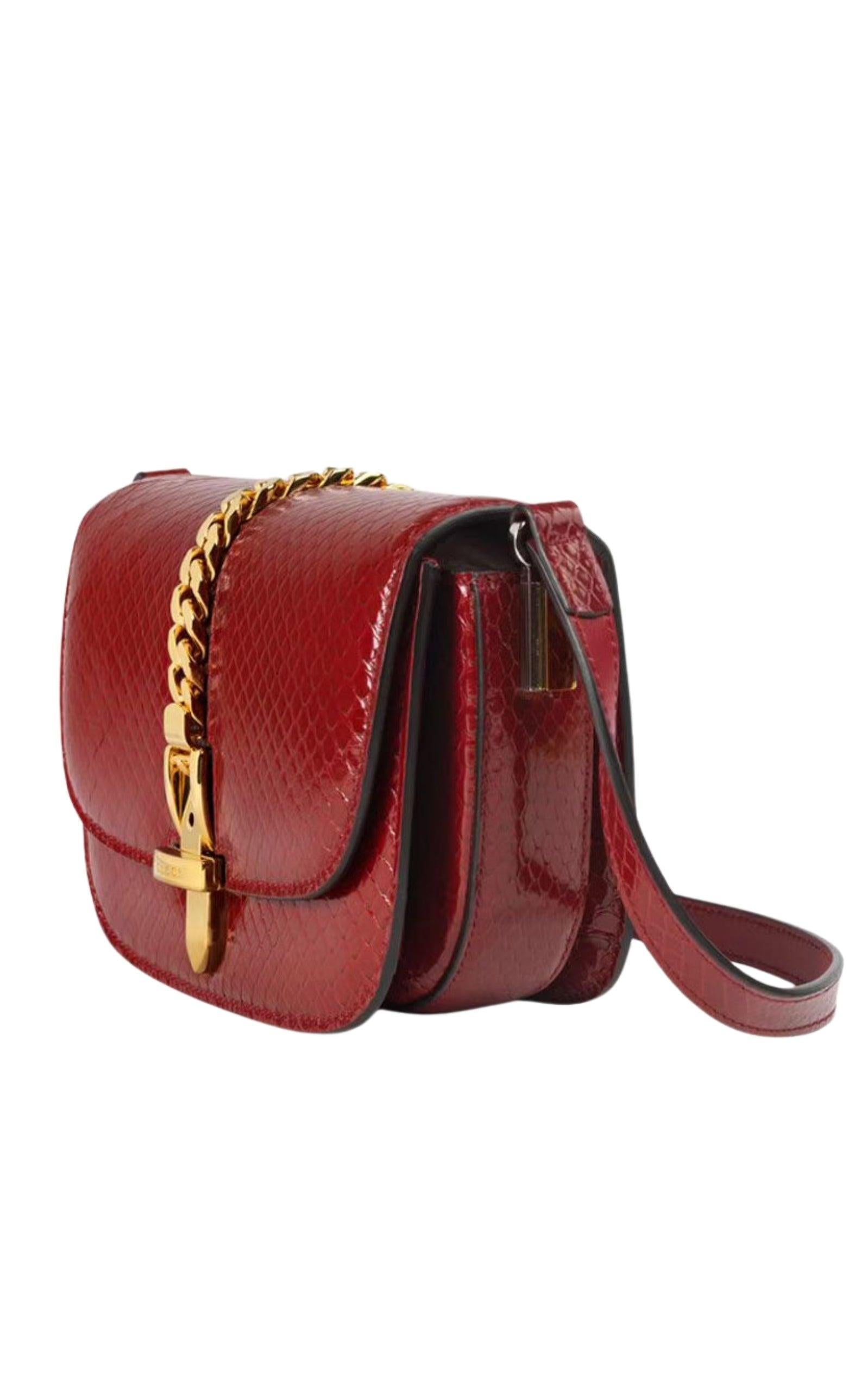 Brown New Gucci Sylvie 1969 Real Python Mini Shoulder Bag in Burgundy Collectible For Sale