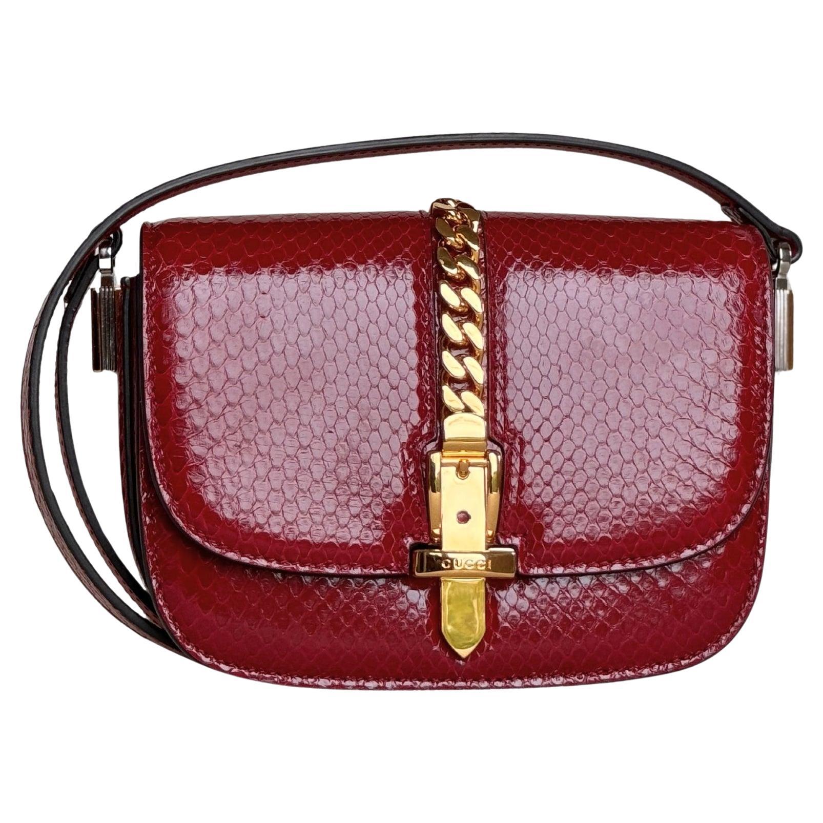 New Gucci Sylvie 1969 Real Python Mini Shoulder Bag in Burgundy Collectible For Sale