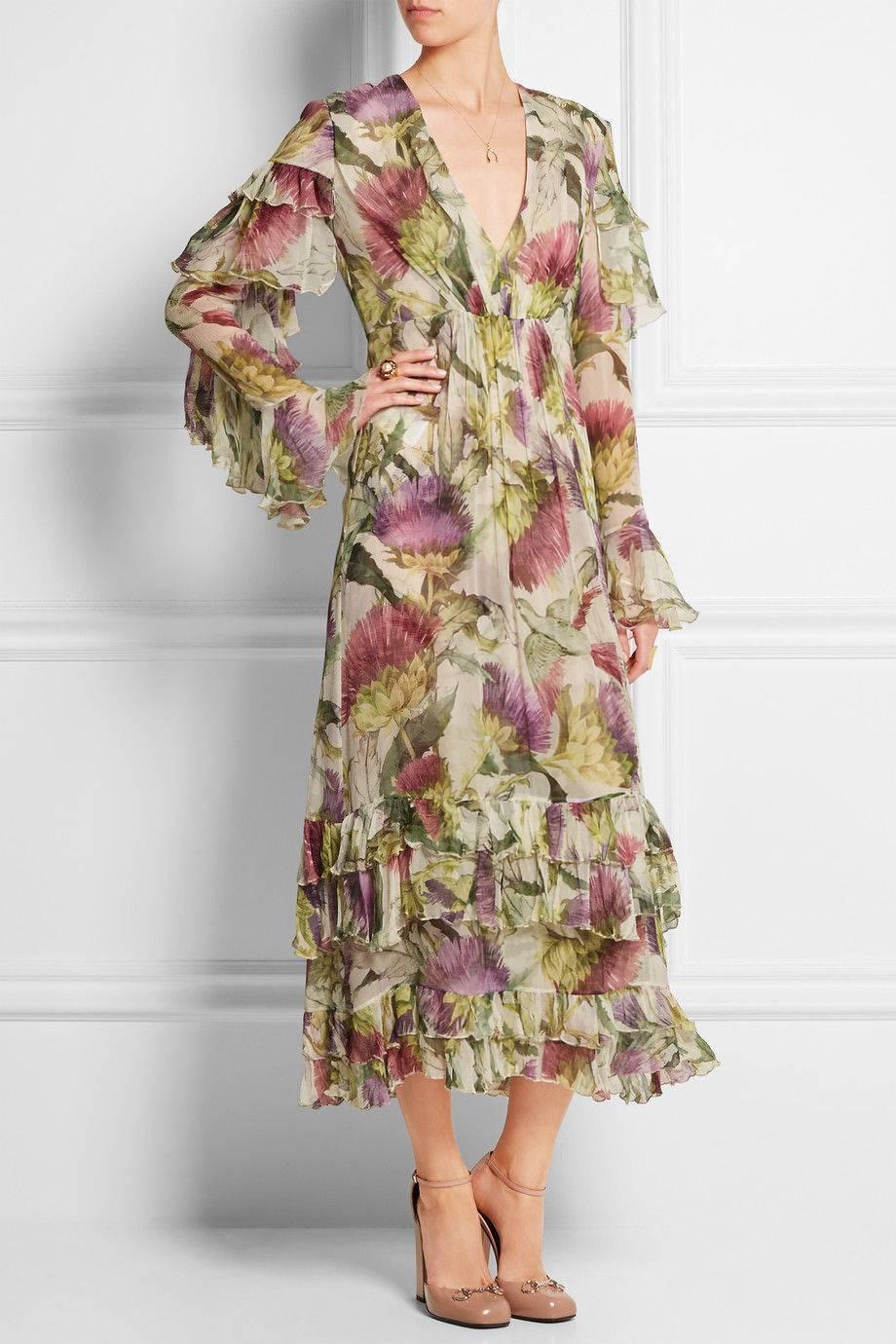 New Gucci Thistles and Birds Print Romantic Silk Watercolor Dress It. 40 2