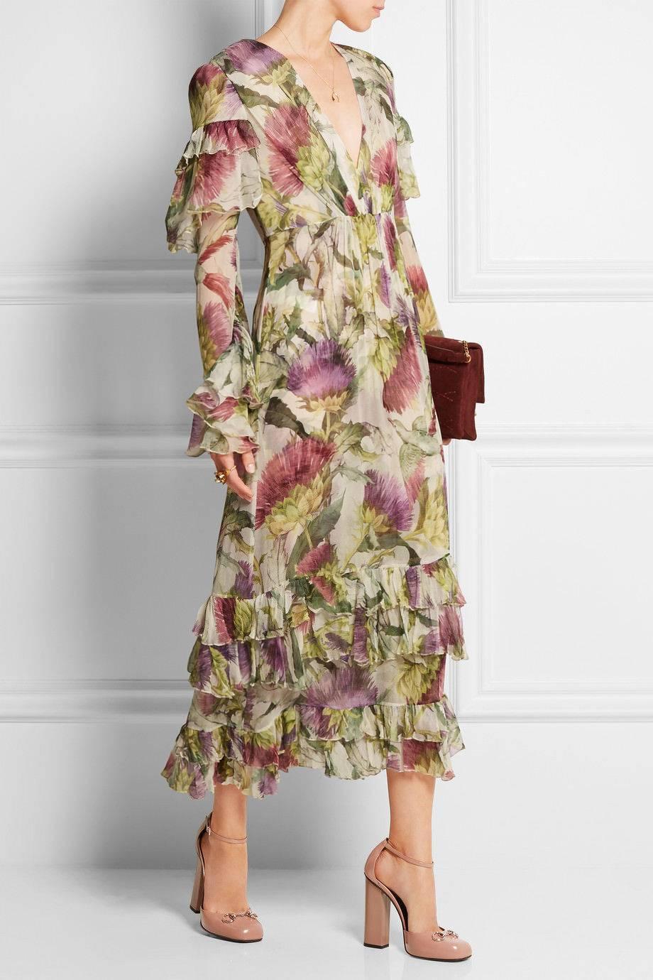 Women's New Gucci Thistles and Birds Print Romantic Silk Watercolor Dress It. 40