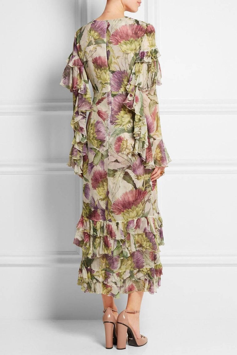 New Gucci Thistles and Birds Print Romantic Silk Watercolor Dress It ...