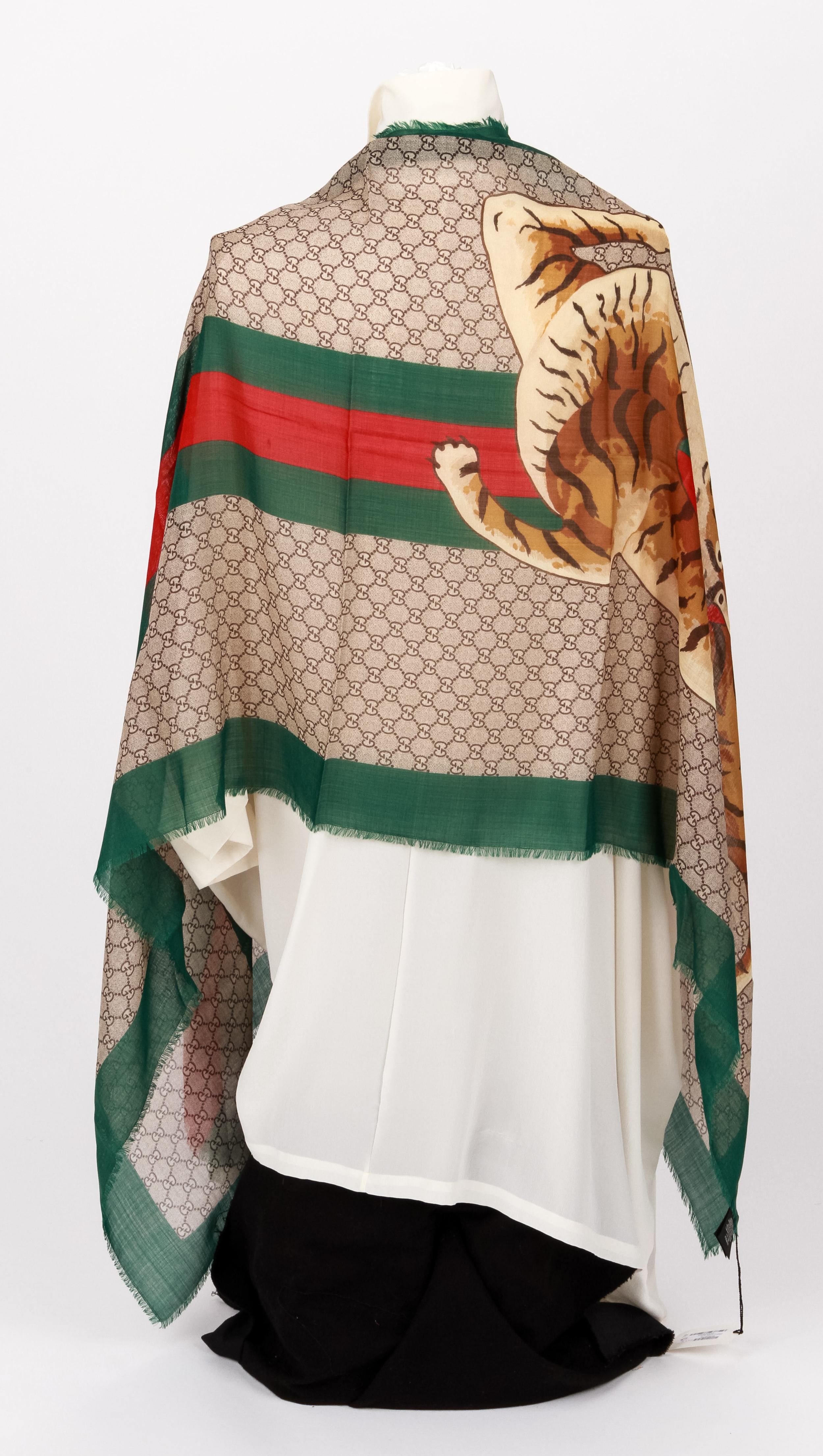 Gucci brand new with tag monogram with red green trim long scarf tiger, 100% wool , 72