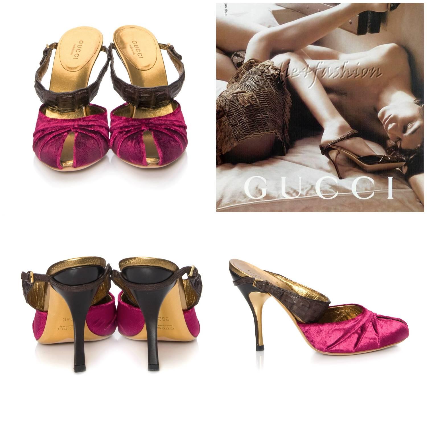 Gucci
Brand New
* Stunning Velvet Crocodile Heels
* Euro: 8.5 
* Fuchsia Velvet
* Dark Brown Crocodile Ankle
* Gold Footbed & Lining
*Own a Piece of Fashion History
* 4.25