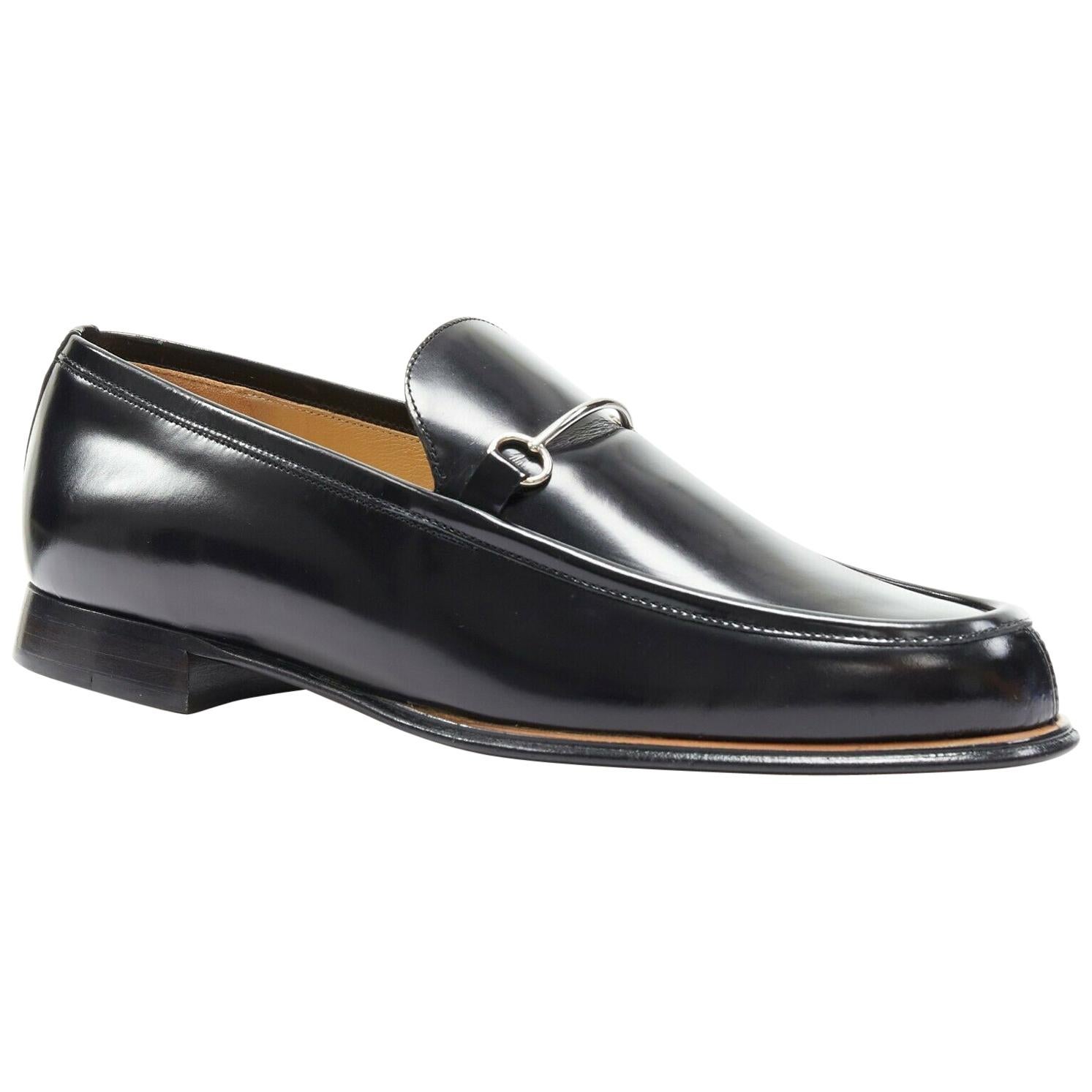 new GUCCI Vintage black leather silver minimal horsebit slip on loafer EU36.5C