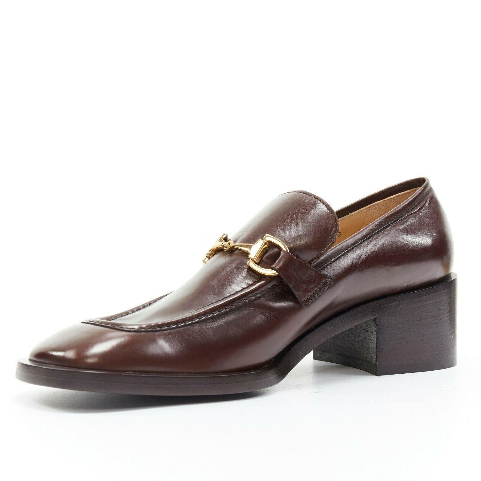 new GUCCI Vintage brown leather gold horsebit buckle square toe loafer EU36.5C In Good Condition In Hong Kong, NT