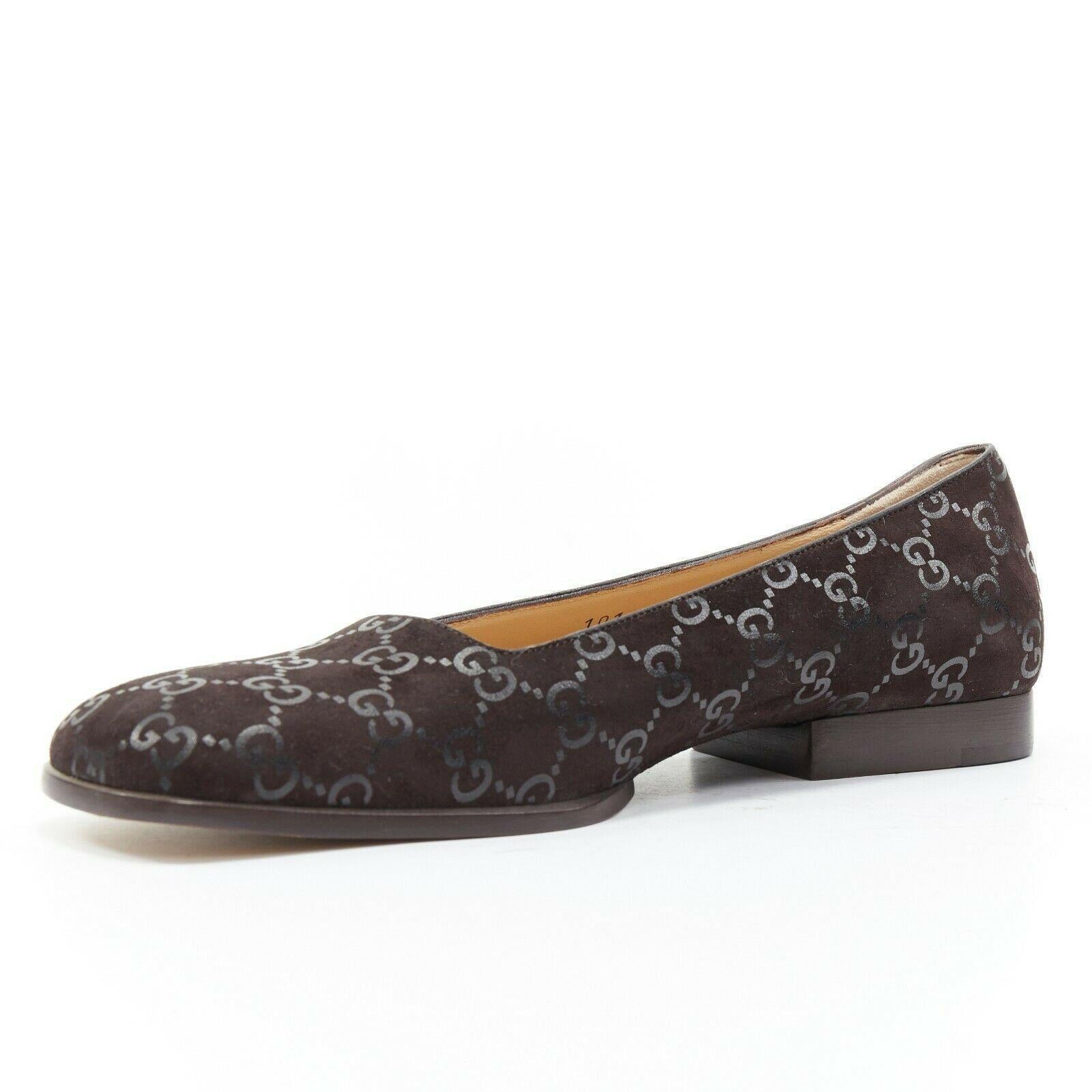new GUCCI Vintage brown monogram printed black suede square toe loafer EU36.5C In Good Condition In Hong Kong, NT
