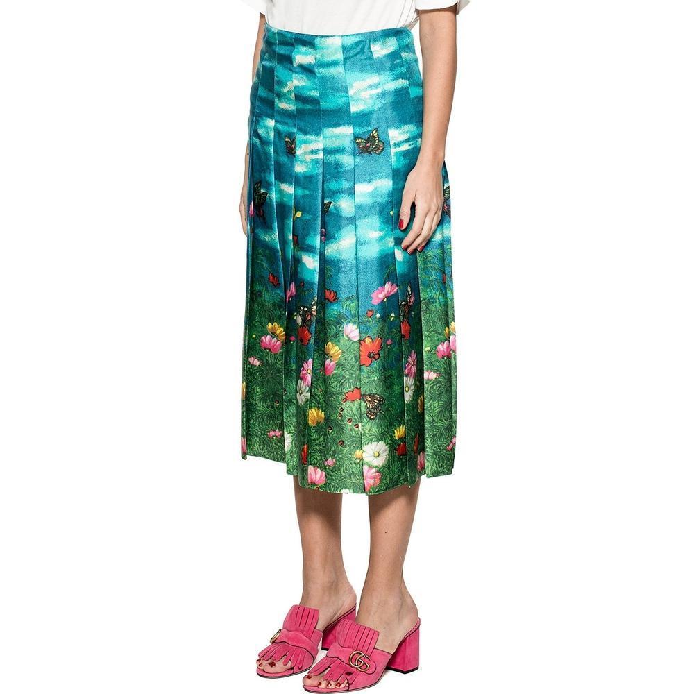 Blue New GUCCI Vita Garden Pleated Silk Midi Skirt IT36 US 0-2 For Sale