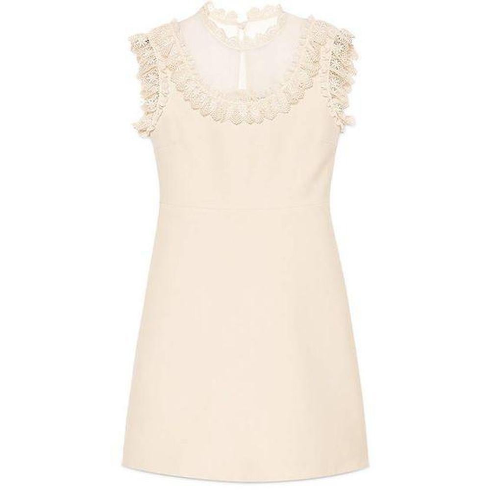 Gucci's wool and silk-blend dress is a romantic choice for day.
Cut to a flattering shift silhouette, this white design is detailed with ruffled trims and an oversized candyfloss-pink pussy-bow neck-tie.
Wear with sleek loafers and a bomber jacket