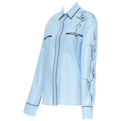 new HAIDER ACKERMANN blue cotton oriental bamboo embroidered sleeve shirt Fr38