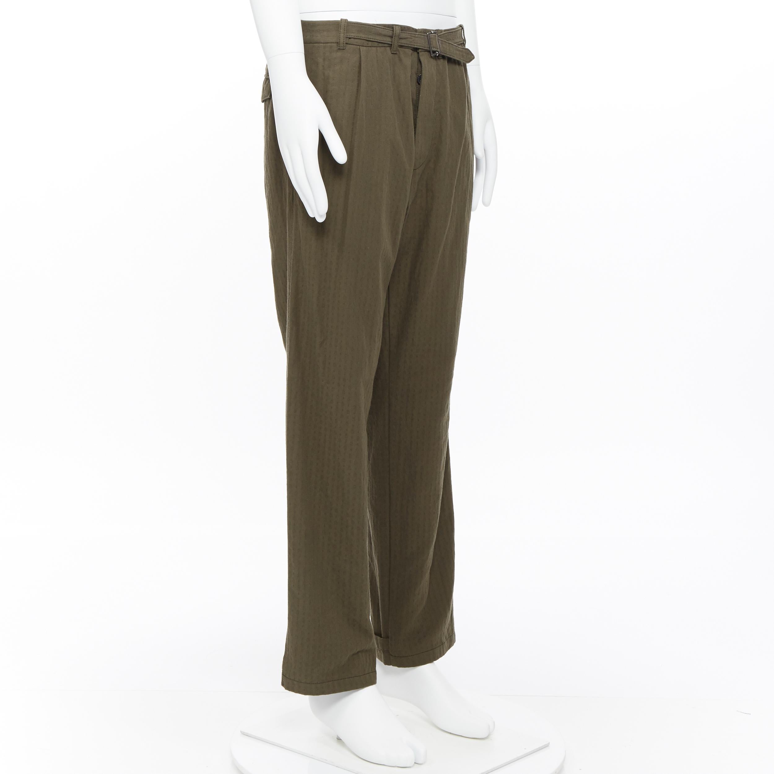 Beige new HAIDER ACKERMANN khaki green cotton dotted jacquard belted pants FR44 34