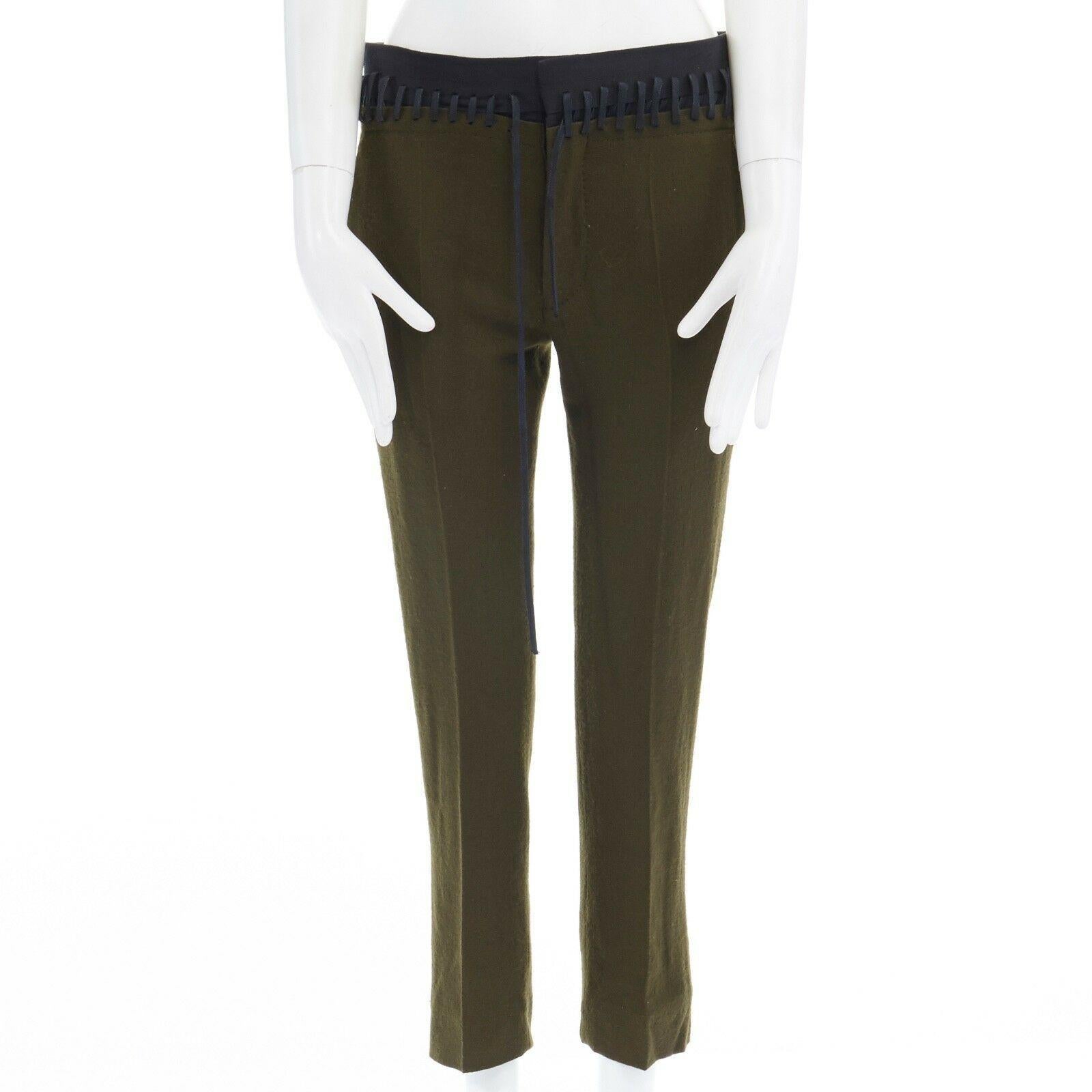 new HAIDER ACKERMANN khaki green wool faux detached laced waistband pant FR34 XS In Good Condition In Hong Kong, NT
