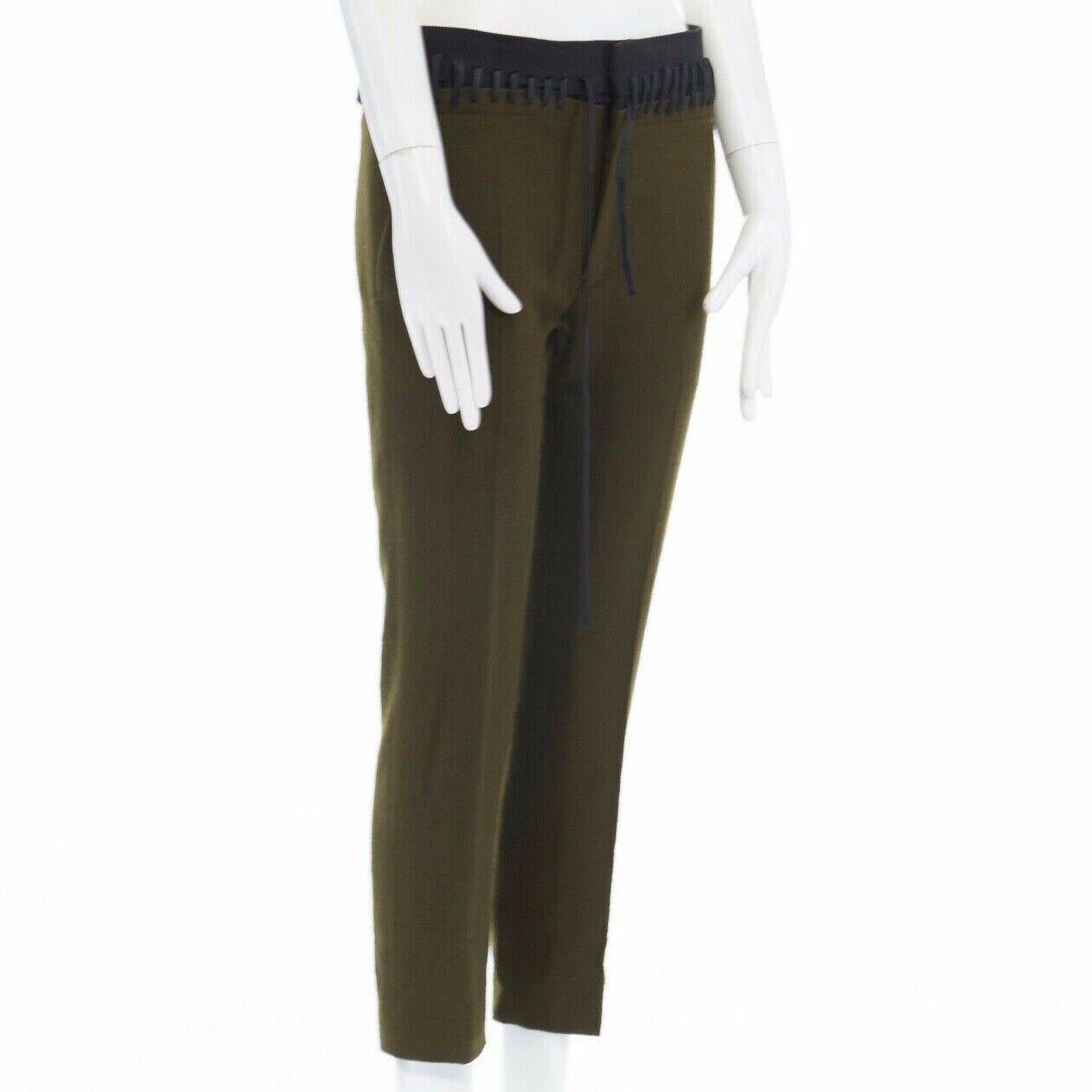 Women's new HAIDER ACKERMANN khaki green wool faux detached laced waistband pant FR34 XS