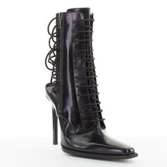 new HAIDER ACKERMANN Runway black leather open laced back heel boots EU37 US7