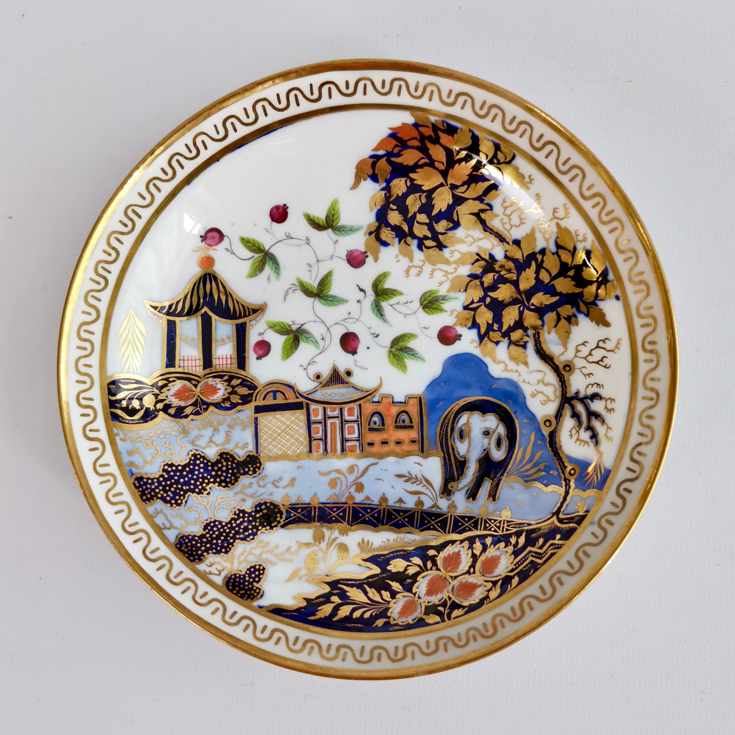 Hand-Painted New Hall Bone China Teacup and Saucer, Elephant Pattern, Regency ca 1815