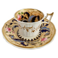 New Hall Coffee Cup, Cream with Blue Acanthus and Pink Roses, Regency 1827