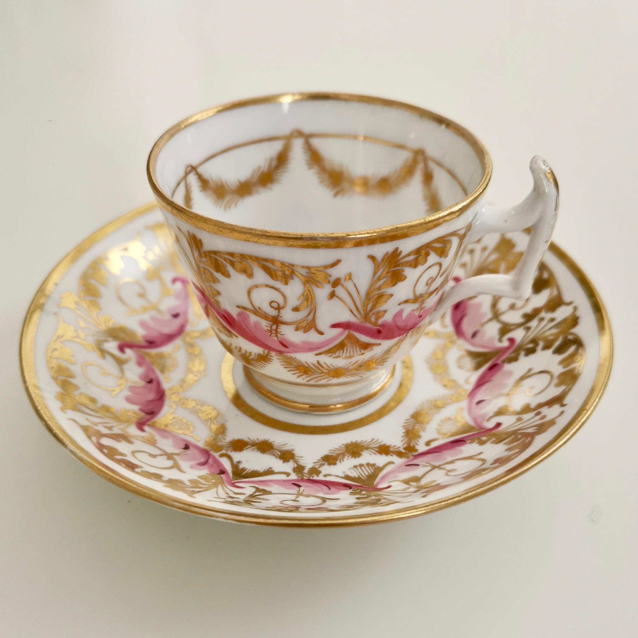 English New Hall Cup and Saucer, Gilt and Pink Sprigs, Regency, 1815-1820