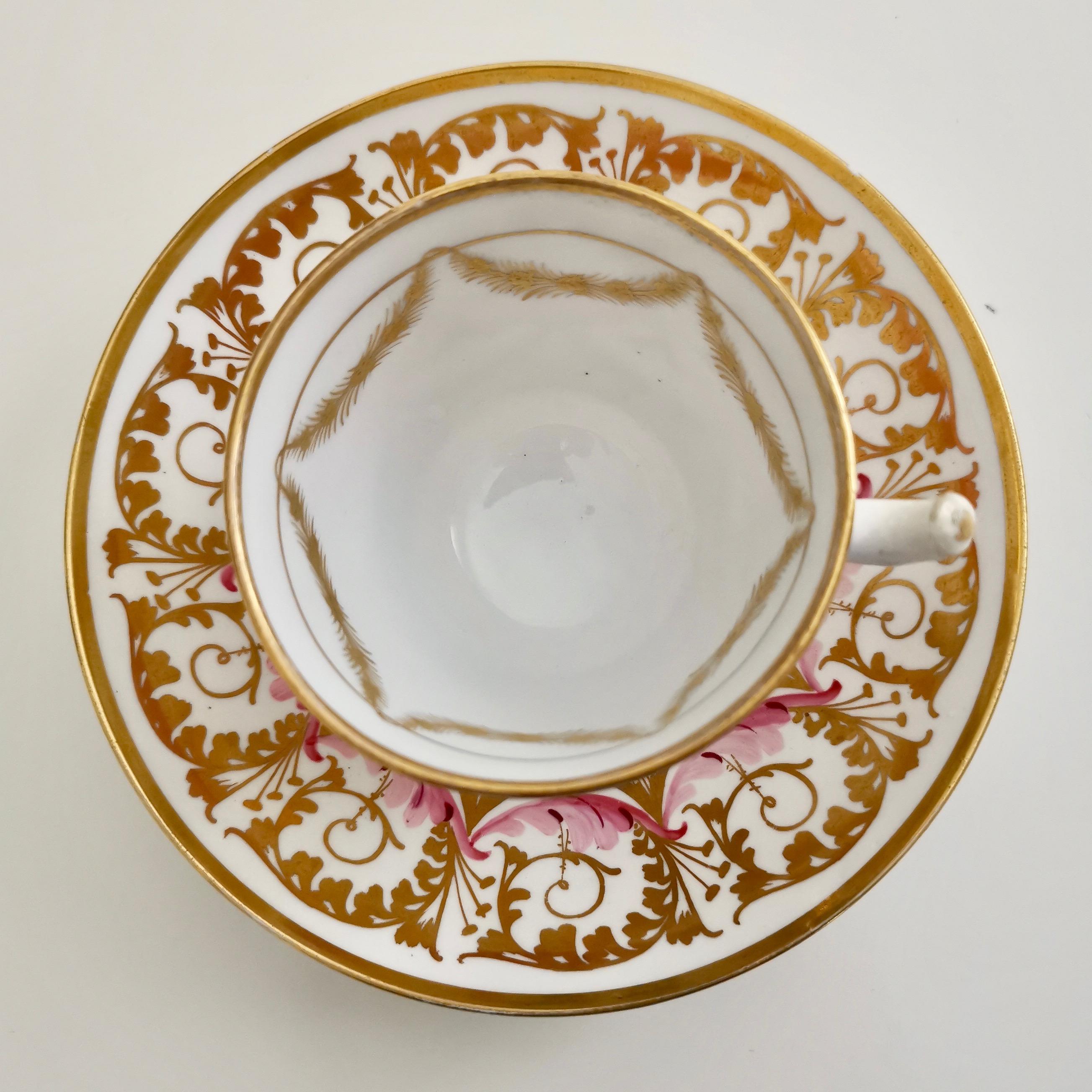 Hand-Painted New Hall Cup and Saucer, Gilt and Pink Sprigs, Regency, 1815-1820