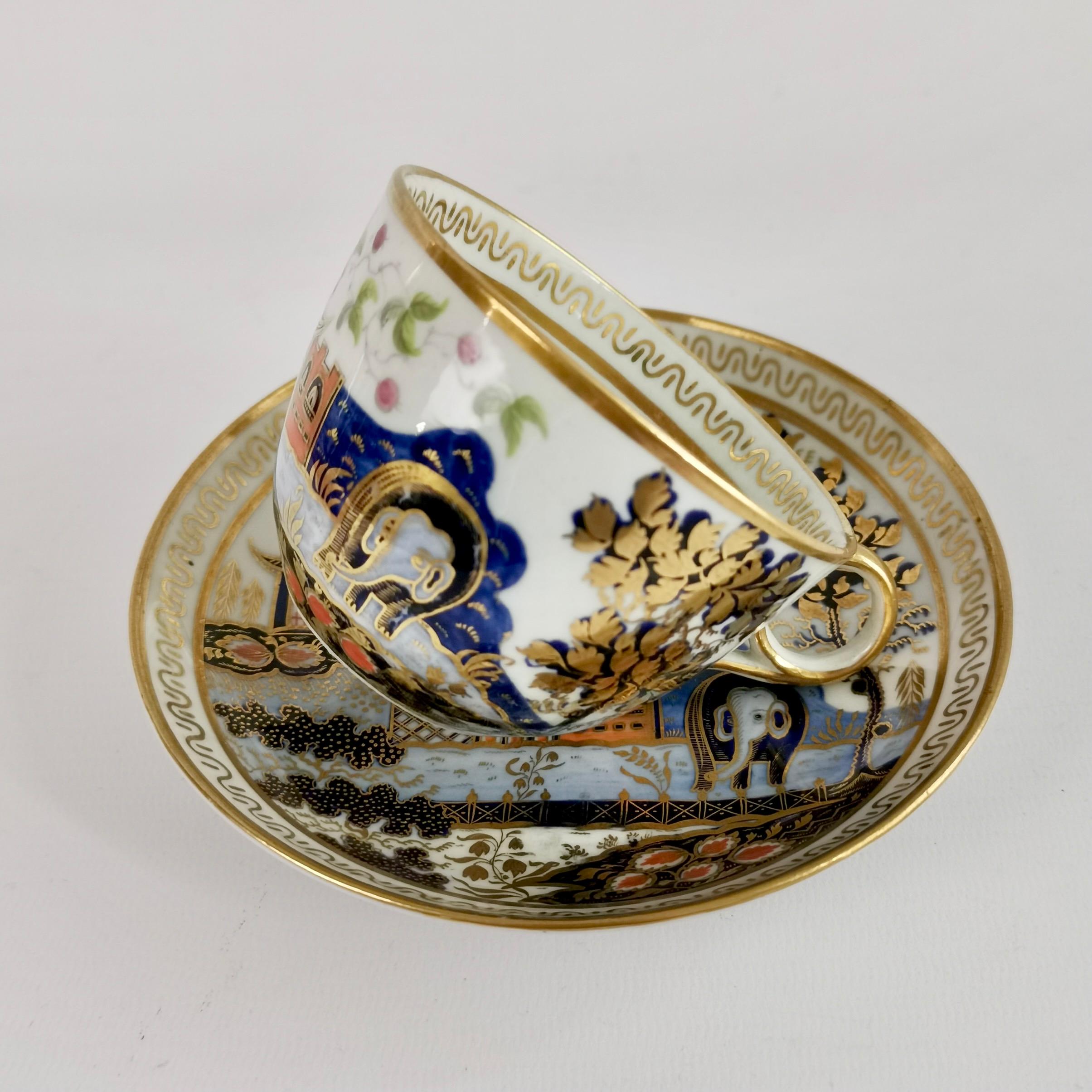 Hand-Painted New Hall Hybrid Hard Paste Teacup and Saucer, Elephant Pattern, Regency ca 1810