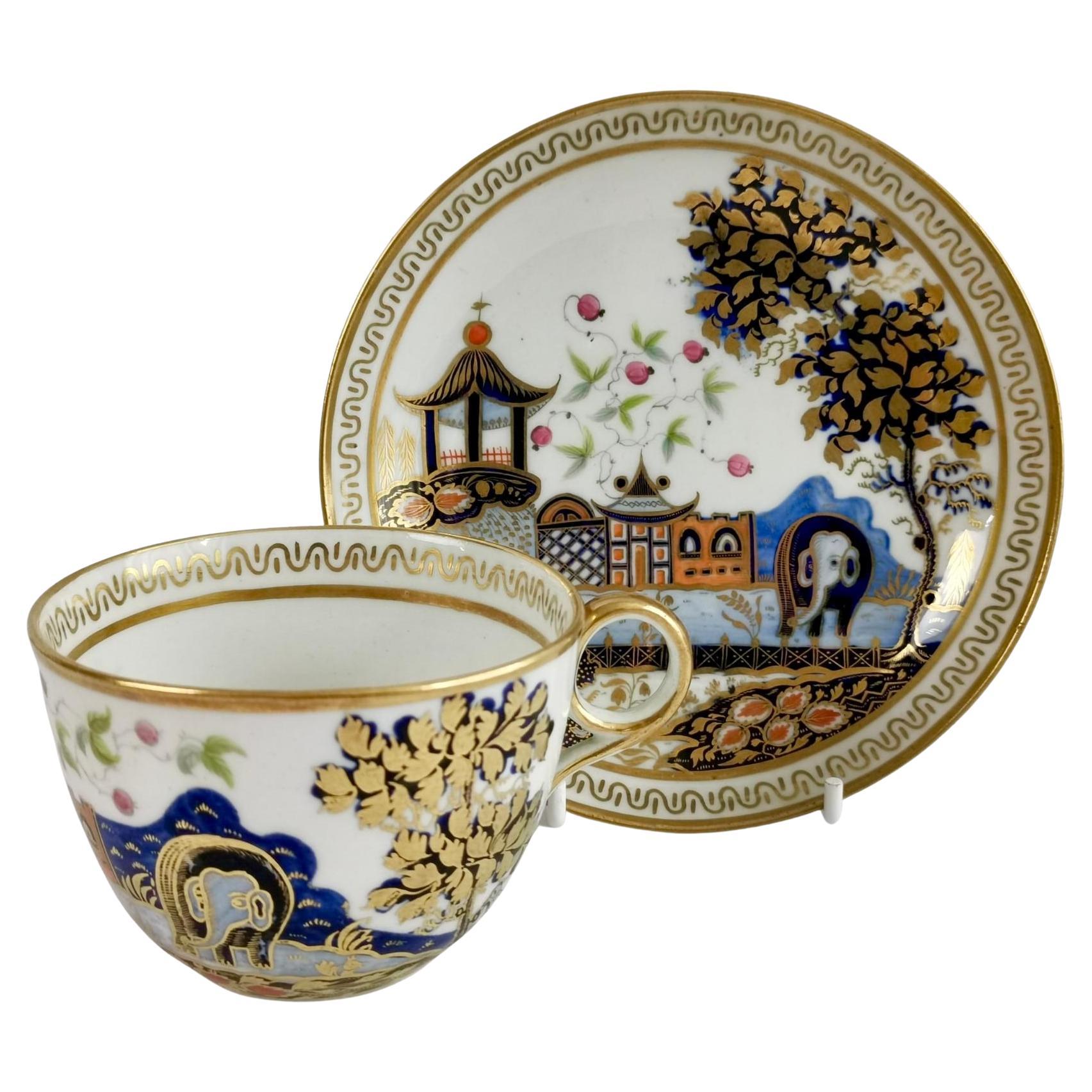 New Hall Hybrid Hard Paste Teacup and Saucer, Elephant Pattern, Regency ca 1810