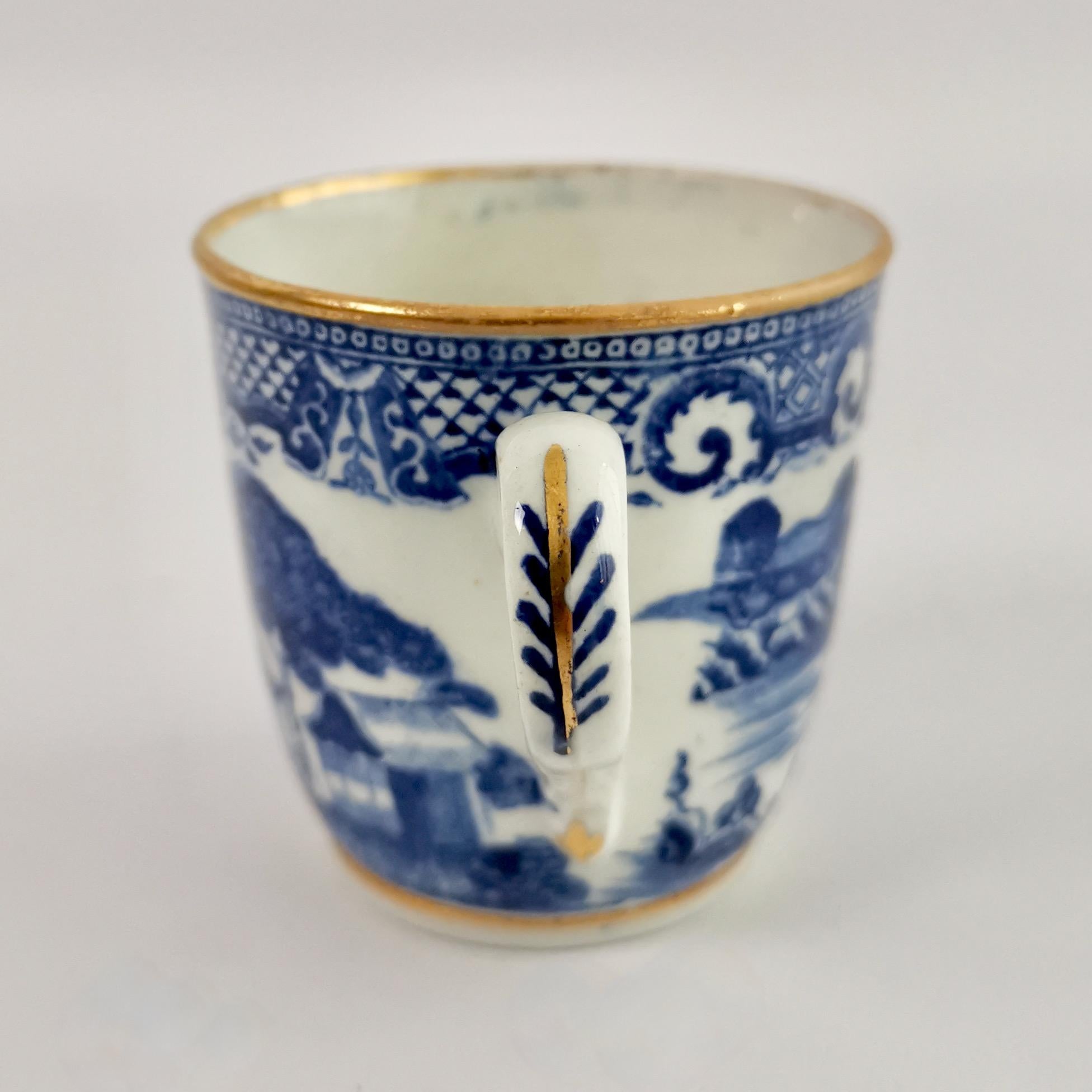 English New Hall Orphaned Coffee Cup, Blue and White Malay House, Georgian ca 1795