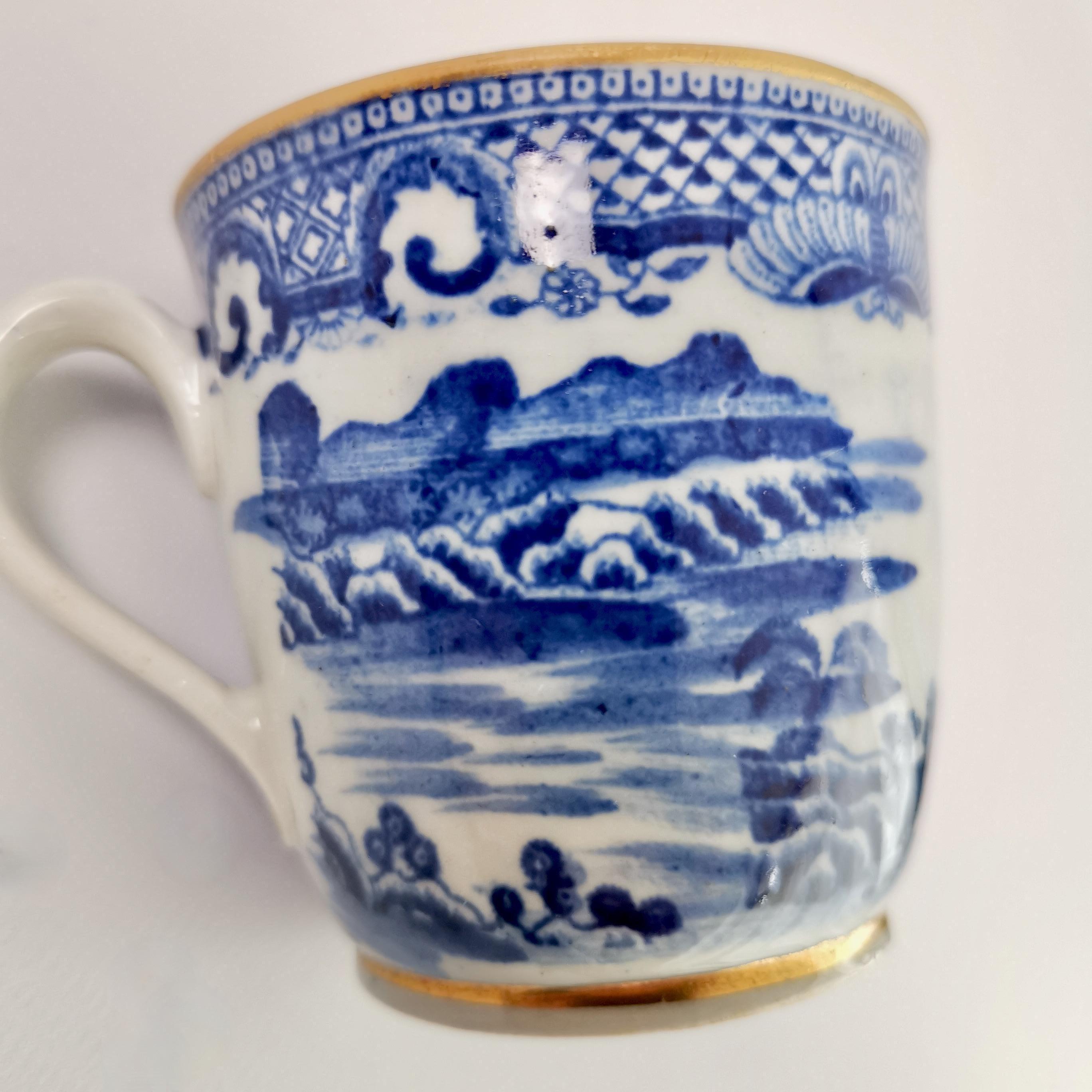 Porcelain New Hall Orphaned Coffee Cup, Blue and White Malay House, Georgian ca 1795
