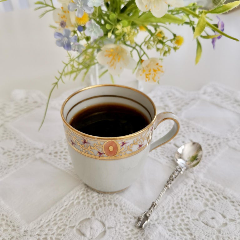 This is a beautiful orphaned coffee cup made by New Hall some time in the 1790s. This coffee cup lost its saucer, but it is still a beautiful little cup that holds about one double espresso or a macchiato.
 
This cup would make a great gift to a