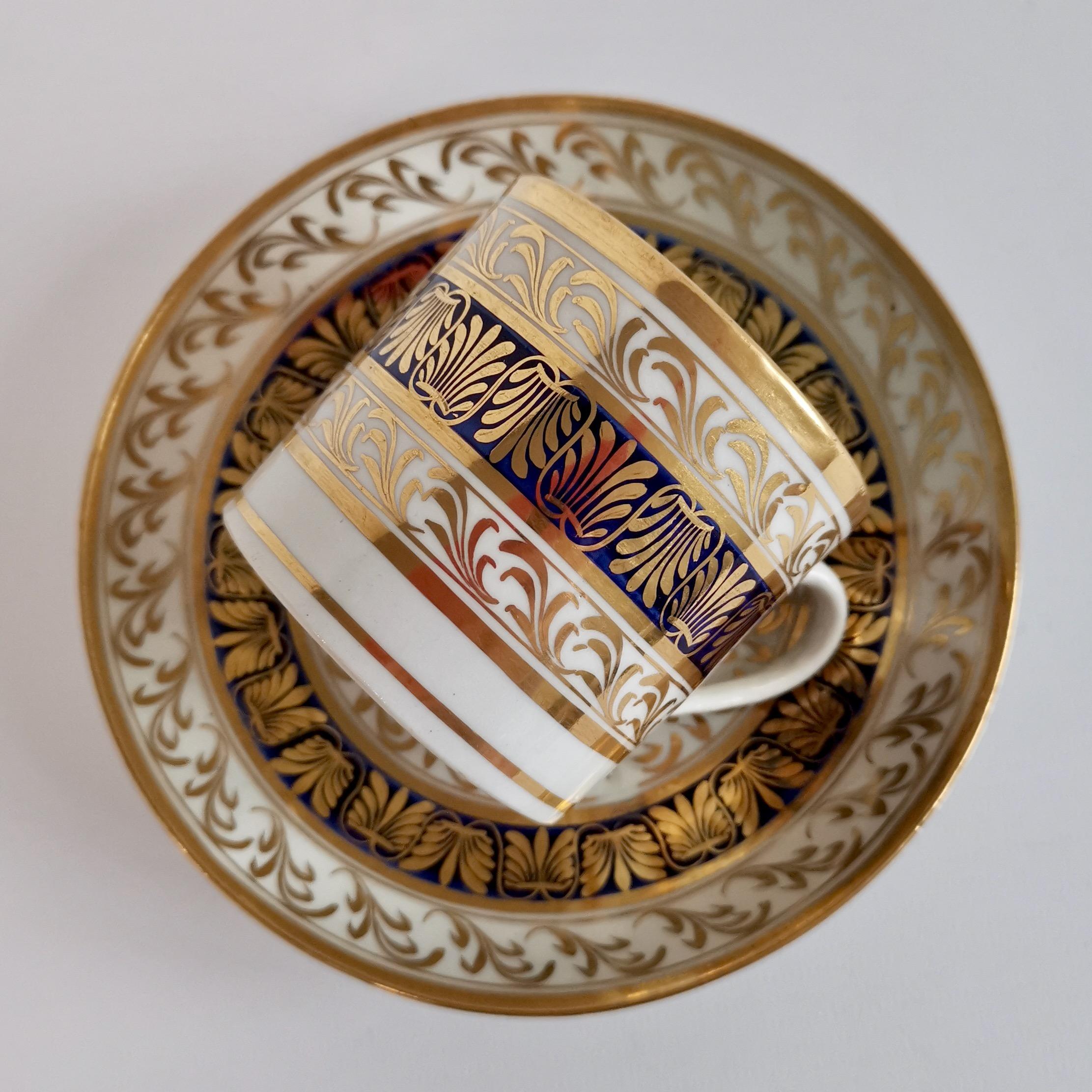 English New Hall Porcelain Coffee Can and Saucer, Regency Pattern Blue and Gilt, ca 1810