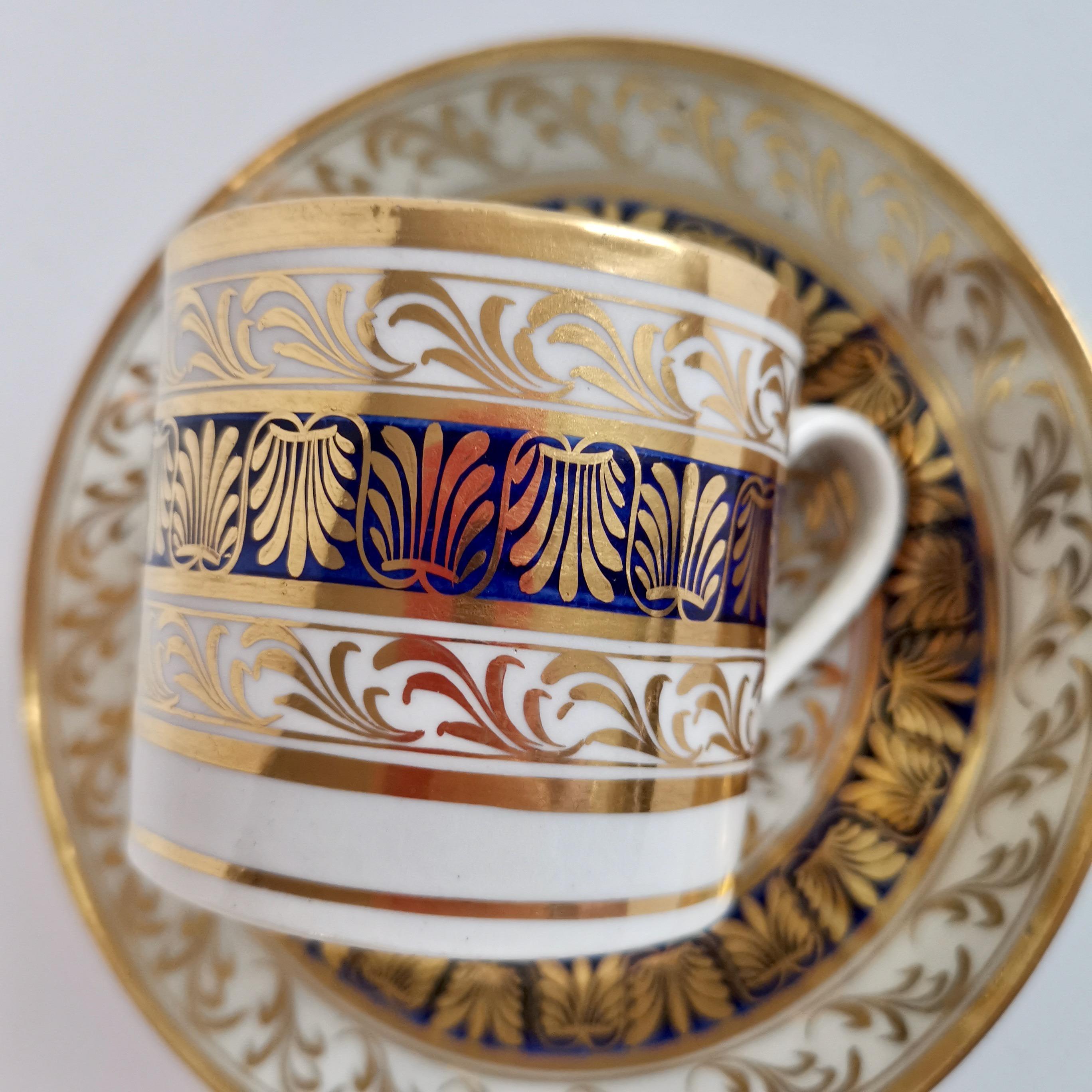 Early 19th Century New Hall Porcelain Coffee Can and Saucer, Regency Pattern Blue and Gilt, ca 1810