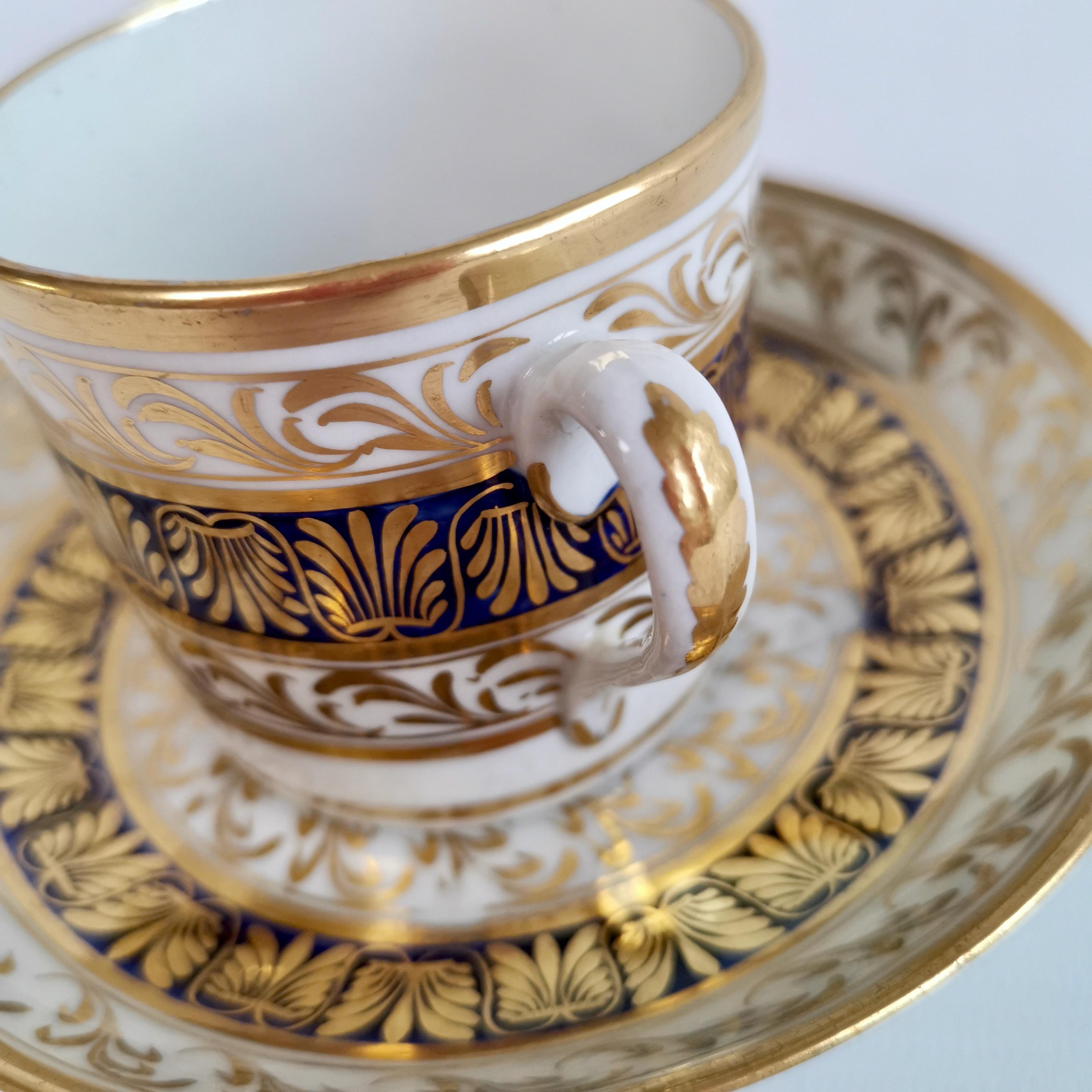 New Hall Porcelain Coffee Can and Saucer, Regency Pattern Blue and Gilt, ca 1810 1