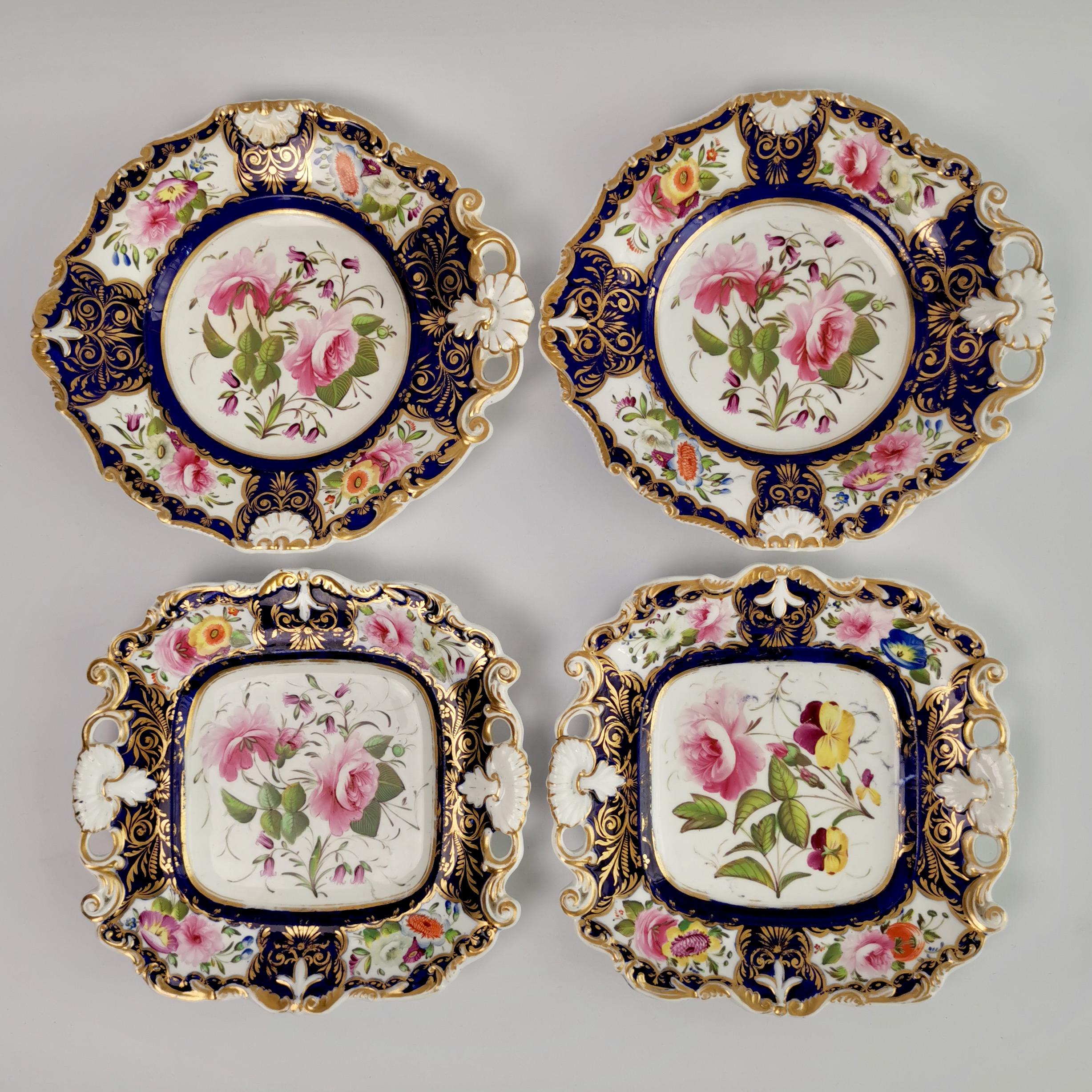 English New Hall Porcelain Dessert Service, Cobalt Blue with Flowers, Regency 1824-1830