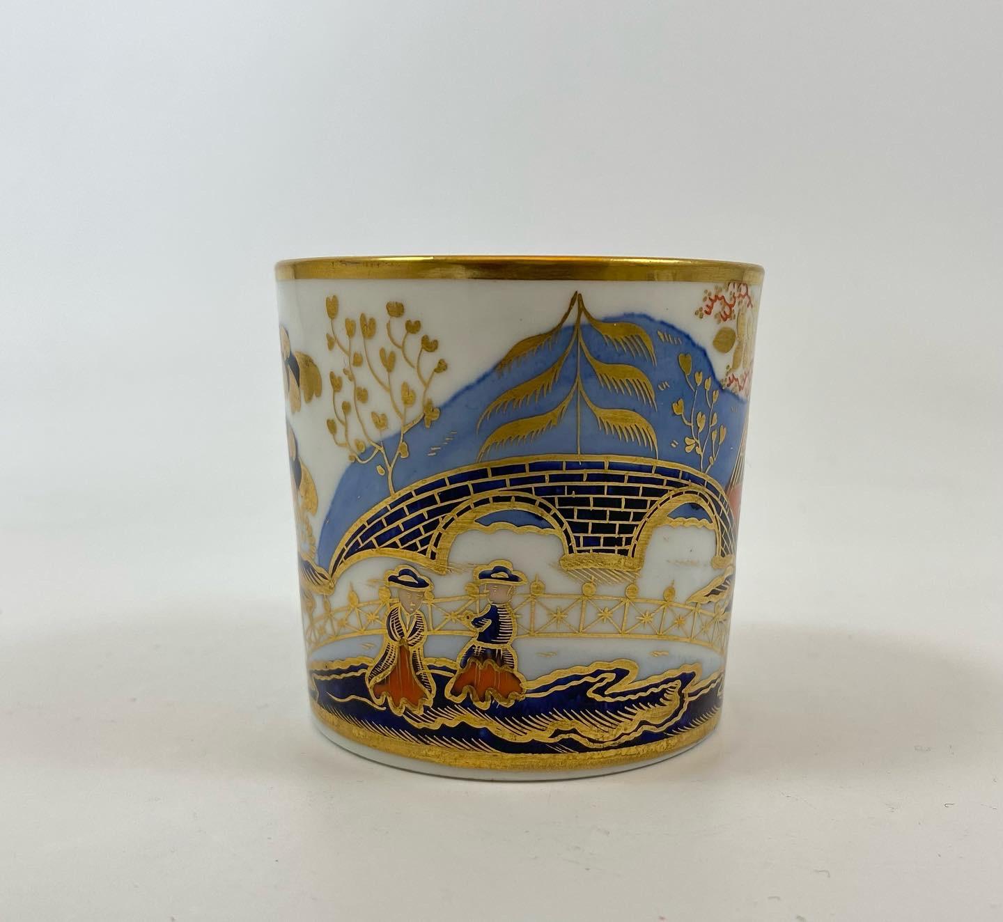 New Hall porcelain coffee can, c. 1810.

£130.00
New Hall porcelain coffee can, pattern 1154, c. 1810. Finely hand painted and gilded in the Imari style, with an English river landscape, of two figures before a river. A large building, and a