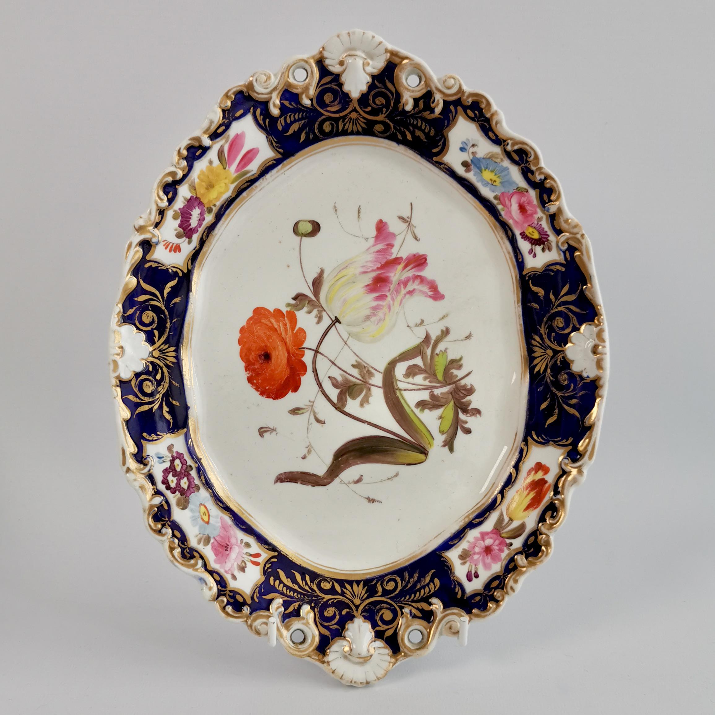 English New Hall Porcelain Part Dessert Service, Cobalt Blue, Flowers, Regency 1824-1830