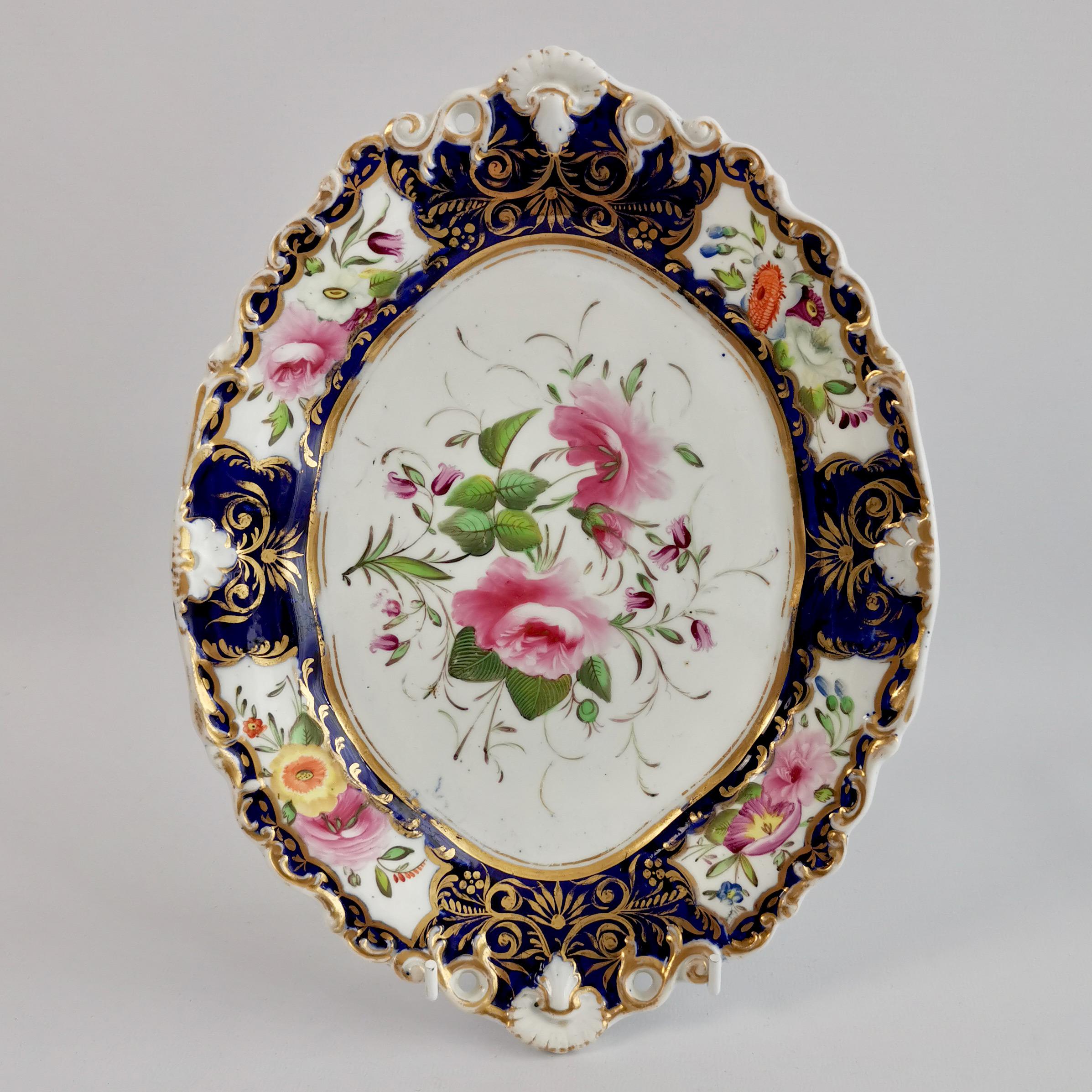 Hand-Painted New Hall Porcelain Part Dessert Service, Cobalt Blue, Flowers, Regency 1824-1830