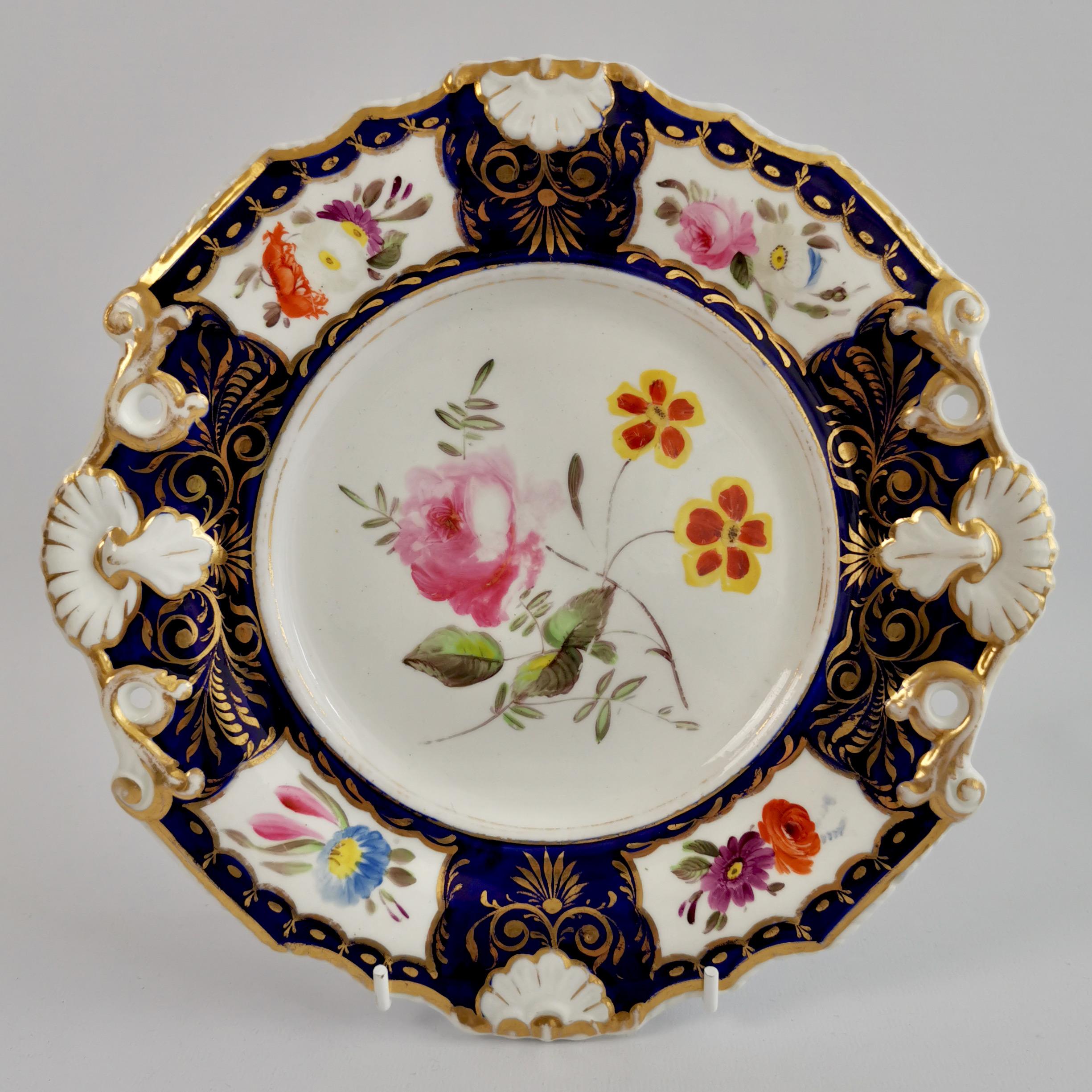 Early 19th Century New Hall Porcelain Part Dessert Service, Cobalt Blue, Flowers, Regency 1824-1830