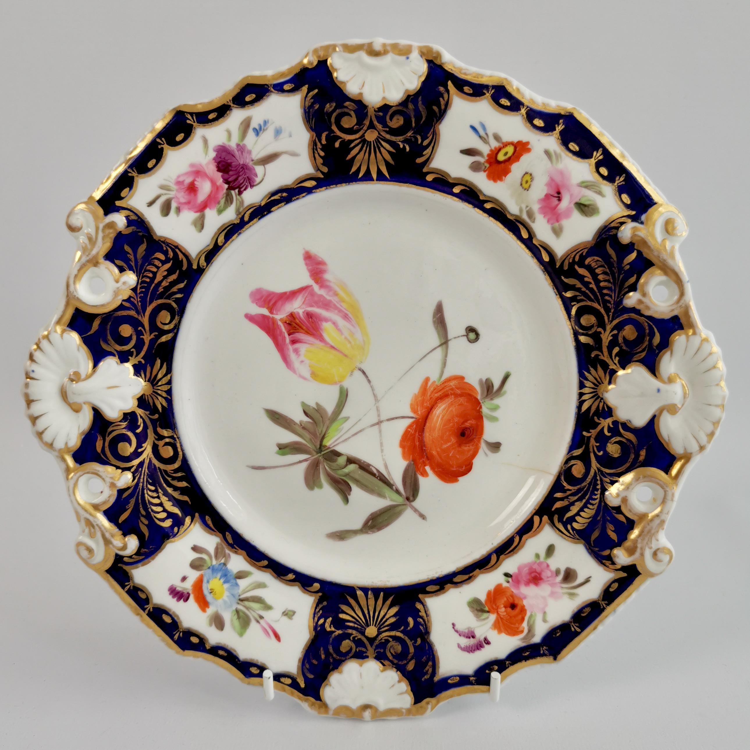Earthenware New Hall Porcelain Part Dessert Service, Cobalt Blue, Flowers, Regency 1824-1830