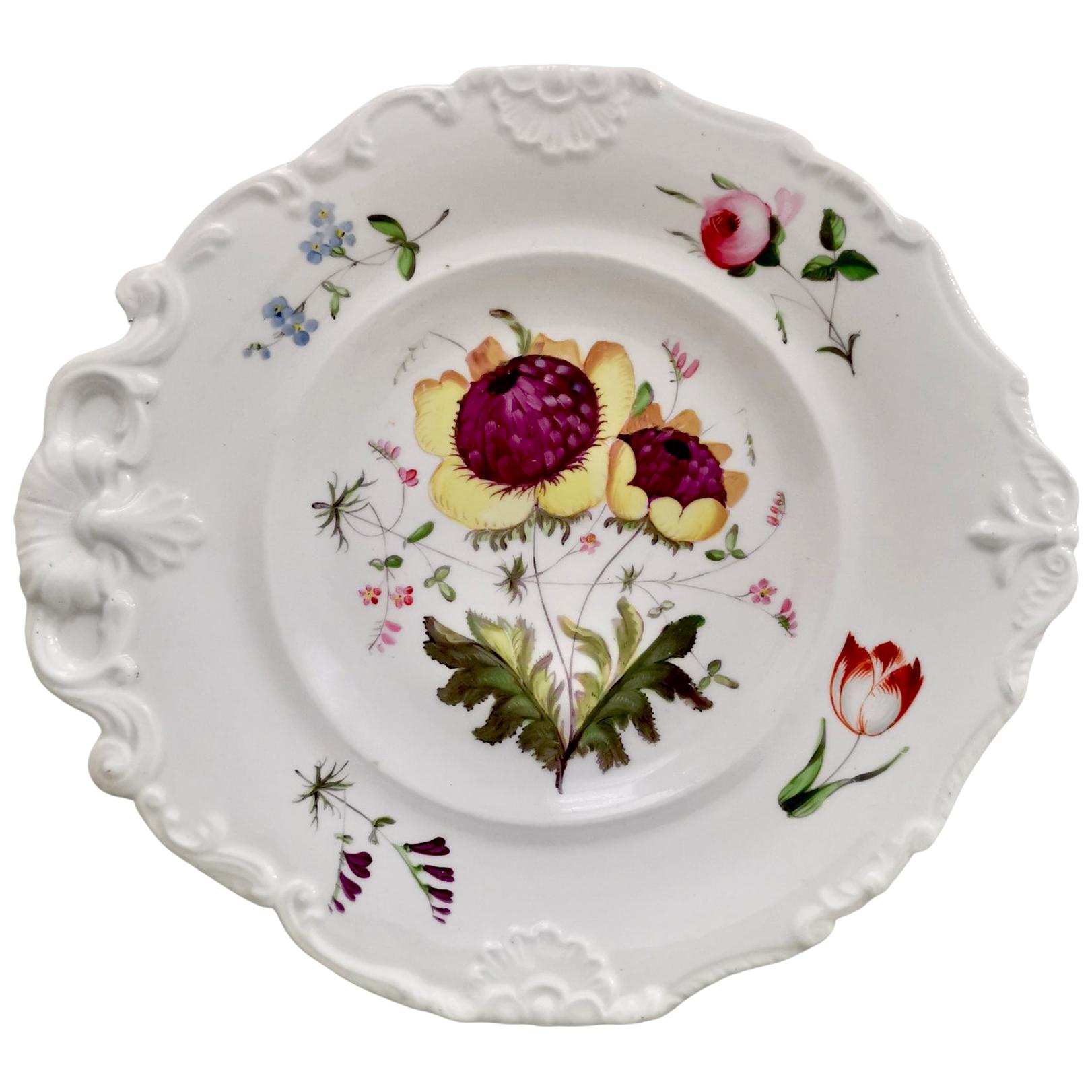 New Hall Porcelain Plate, White with Flowers, Inverted Shell, Regency circa 1820