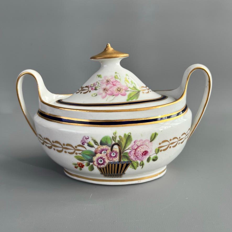 Hand-Painted New Hall Porcelain Tea Service, White, Mazarine Blue, Flower Baskets, ca 1810