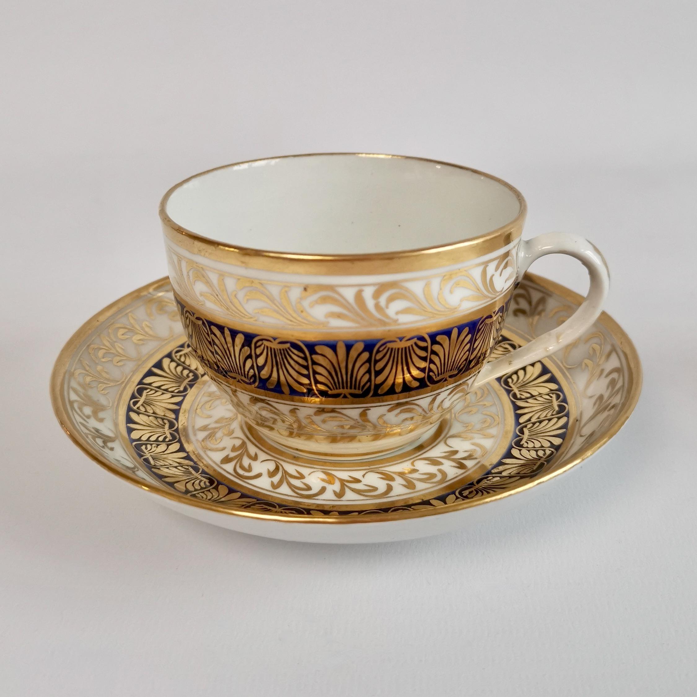 English New Hall Porcelain Teacup Trio, Regency Patt. Blue and Gilt, ca 1810
