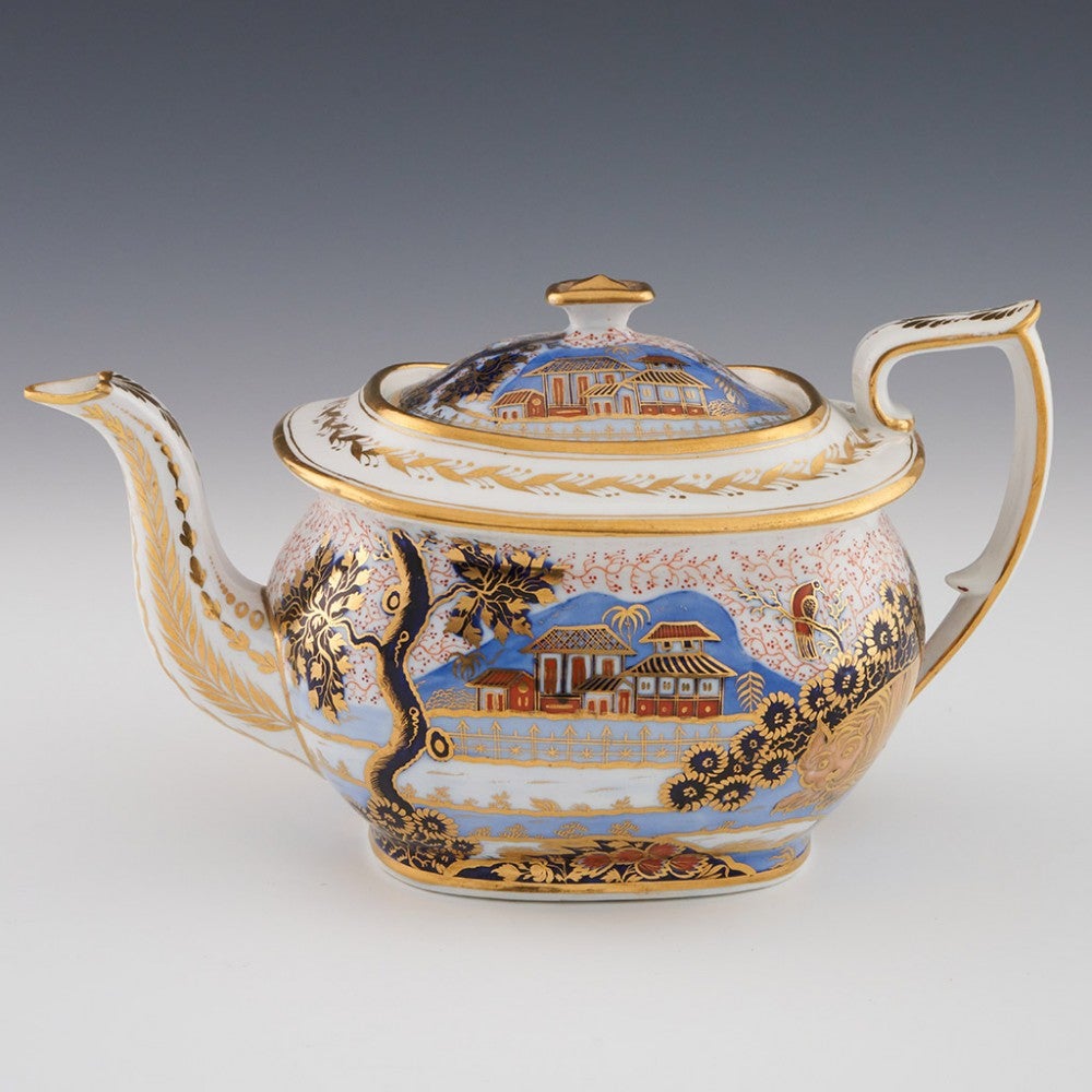 Heading :  New Hall porcelain Tiger and Landscape pattern tea set
Date : c1820
Period : Regency / George IV
Marks : Each piecewith 1214 to base
Origin :  New Hall, Staffordshire
Colour :Polychrome
Pattern : 1214 - Tiger & Landscape - oriental rural