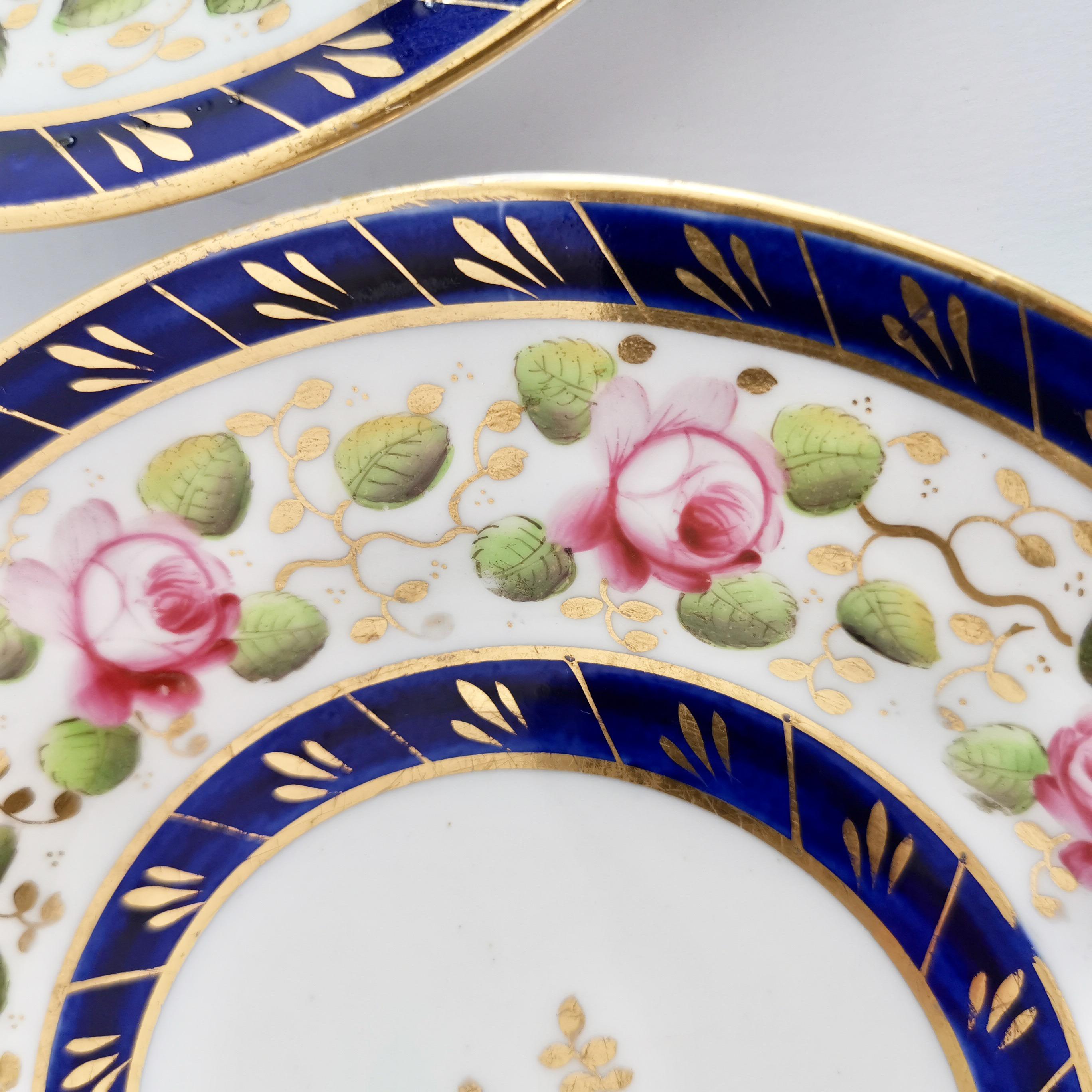 New Hall Set of 4 Porcelain Tea Plates, Cobalt Blue, Pink Roses, Regency 2