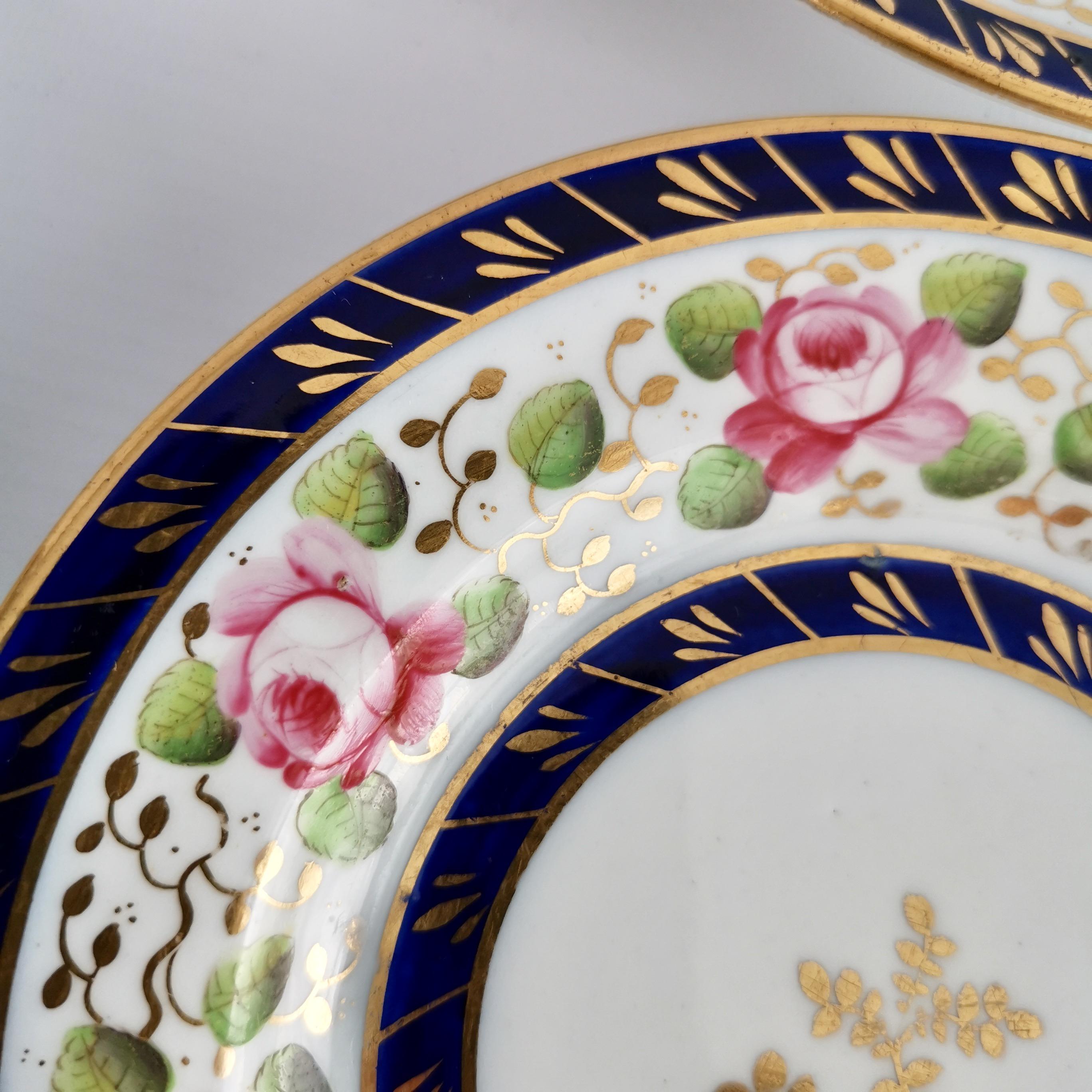 New Hall Set of 4 Porcelain Tea Plates, Cobalt Blue, Pink Roses, Regency 3