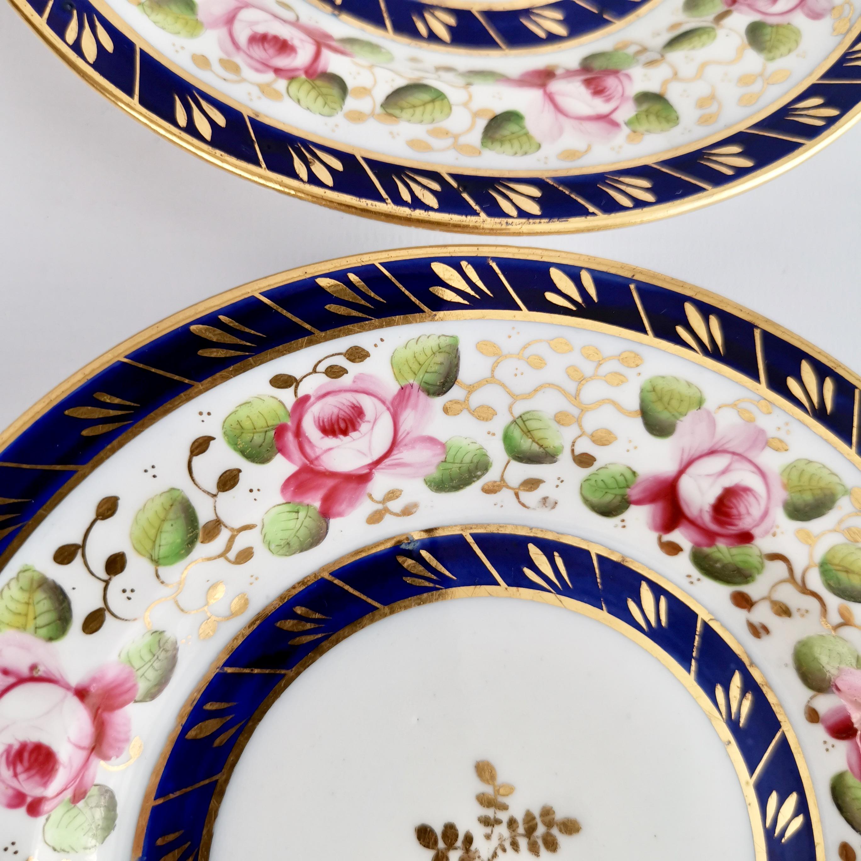 New Hall Set of 4 Porcelain Tea Plates, Cobalt Blue, Pink Roses, Regency 4